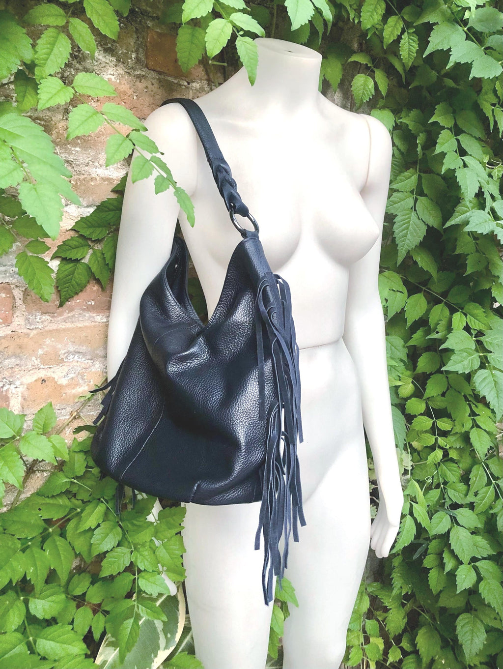 Navy crossbody / shoulder bag. Dark blue boho FRINGED genuine leather bag. Messenger bag with fringes. Navy leather hobo purse with 2 straps
