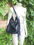 Navy crossbody / shoulder bag. Dark blue boho FRINGED genuine leather bag. Messenger bag with fringes. Navy leather hobo purse with 2 straps