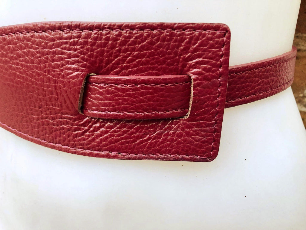 Burgundy waist belt. Genuine leather. Wine red wraparound belt. Genuine leather 80s style dress / overall belt. Dark terracotta red