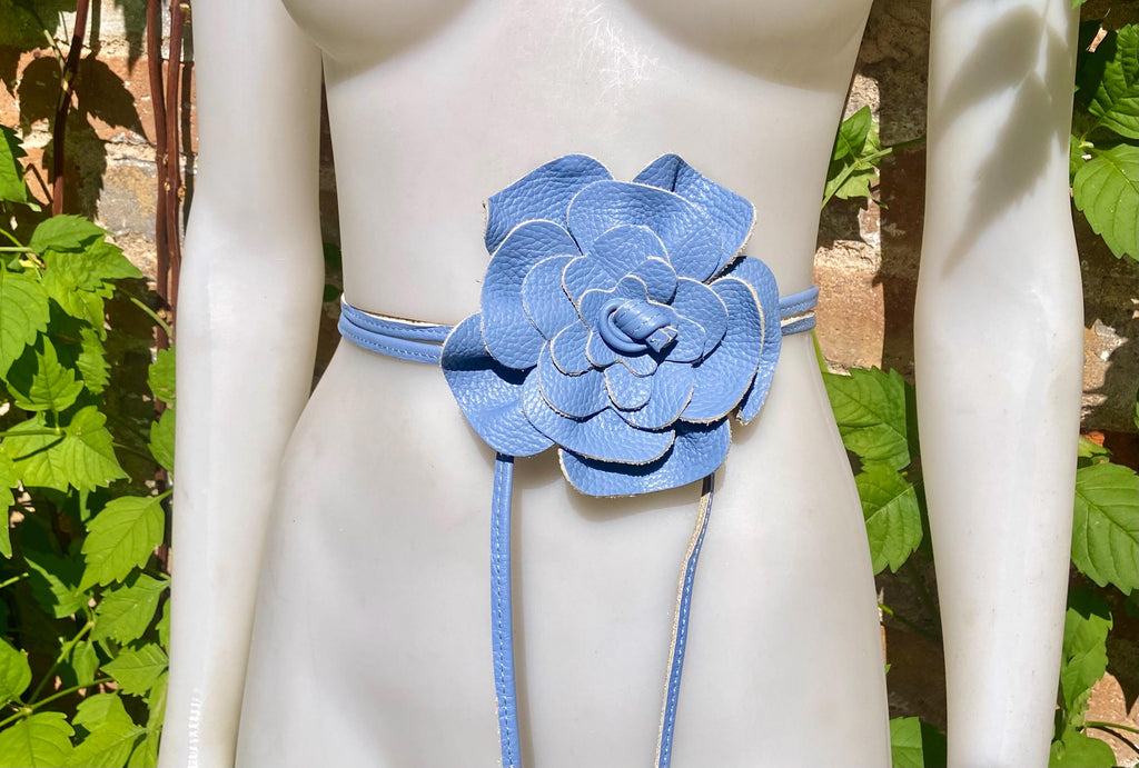 Light blue flower leather belt. Waist / overall / dress belt. Soft blue genuine leather. Blue rose belt. Large blue flower. Periwinkle blue