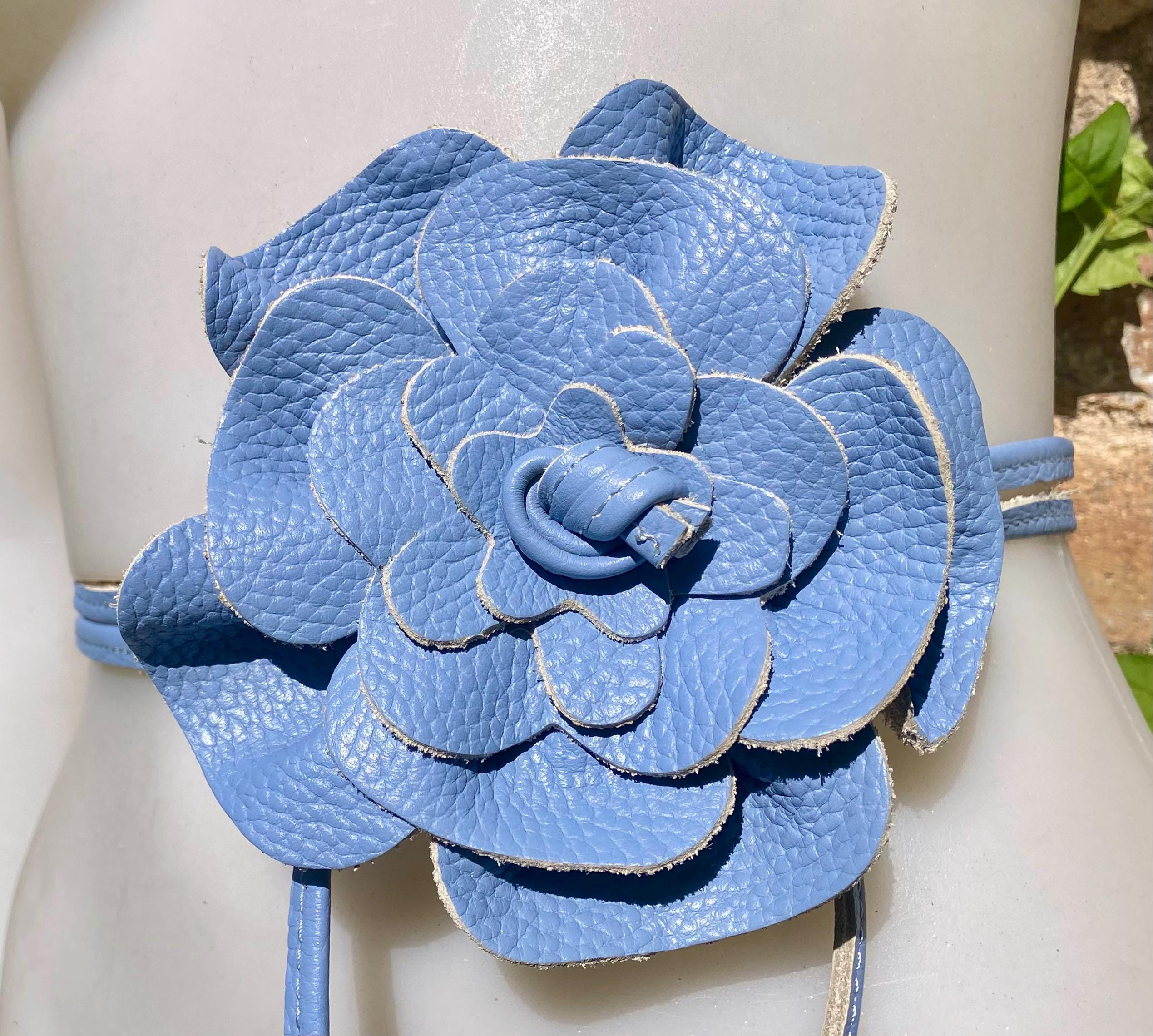 Light blue flower leather belt. Waist / overall / dress belt. Soft blue genuine leather. Blue rose belt. Large blue flower. Periwinkle blue