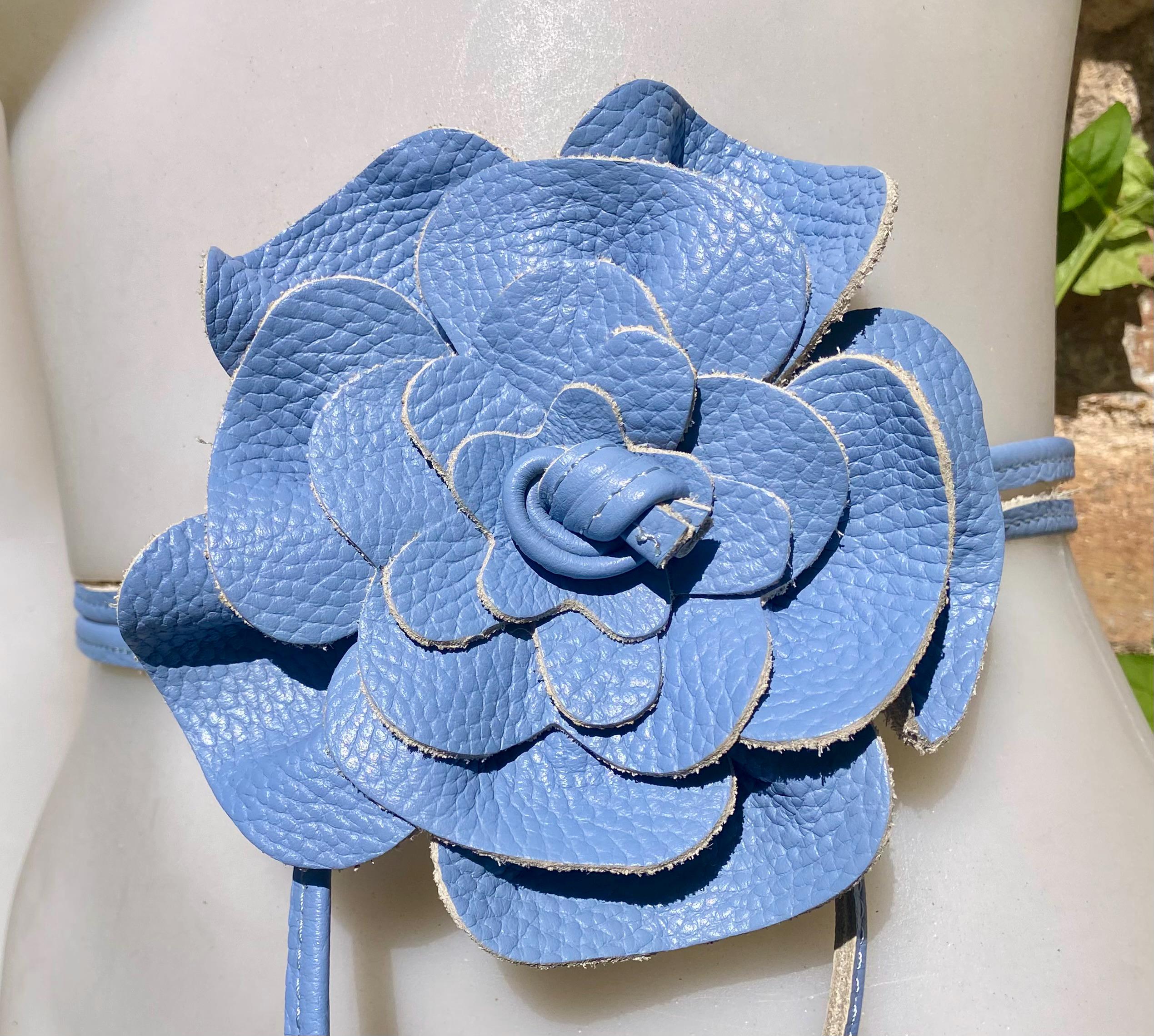 Light blue flower leather belt. Waist / overall / dress belt. Soft blue genuine leather. Blue rose belt. Large blue flower. Periwinkle blue