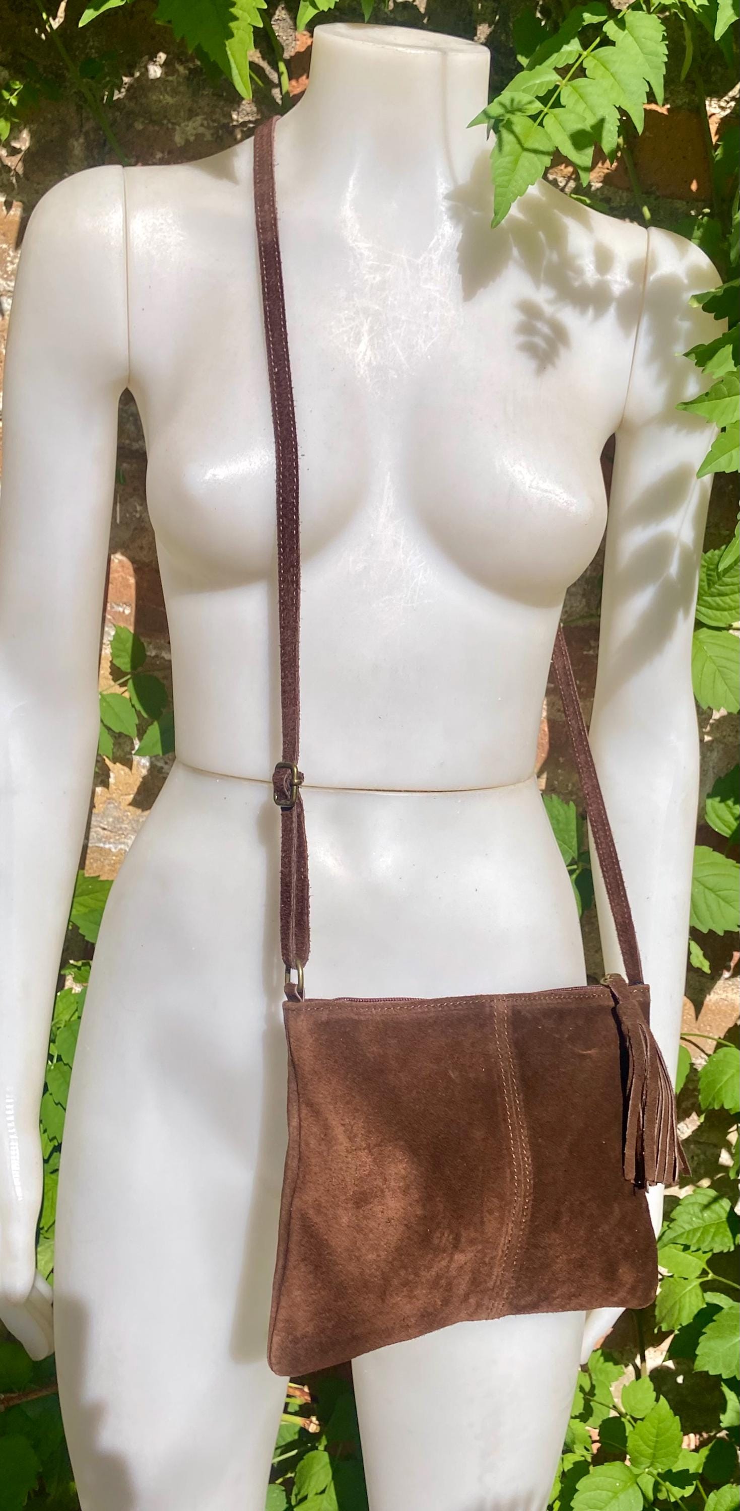 Suede leather bag in DARK BROWN Cross body bag, shoulder bag in GENUINE leather. Small leather bag with adjustable strap and zipper.