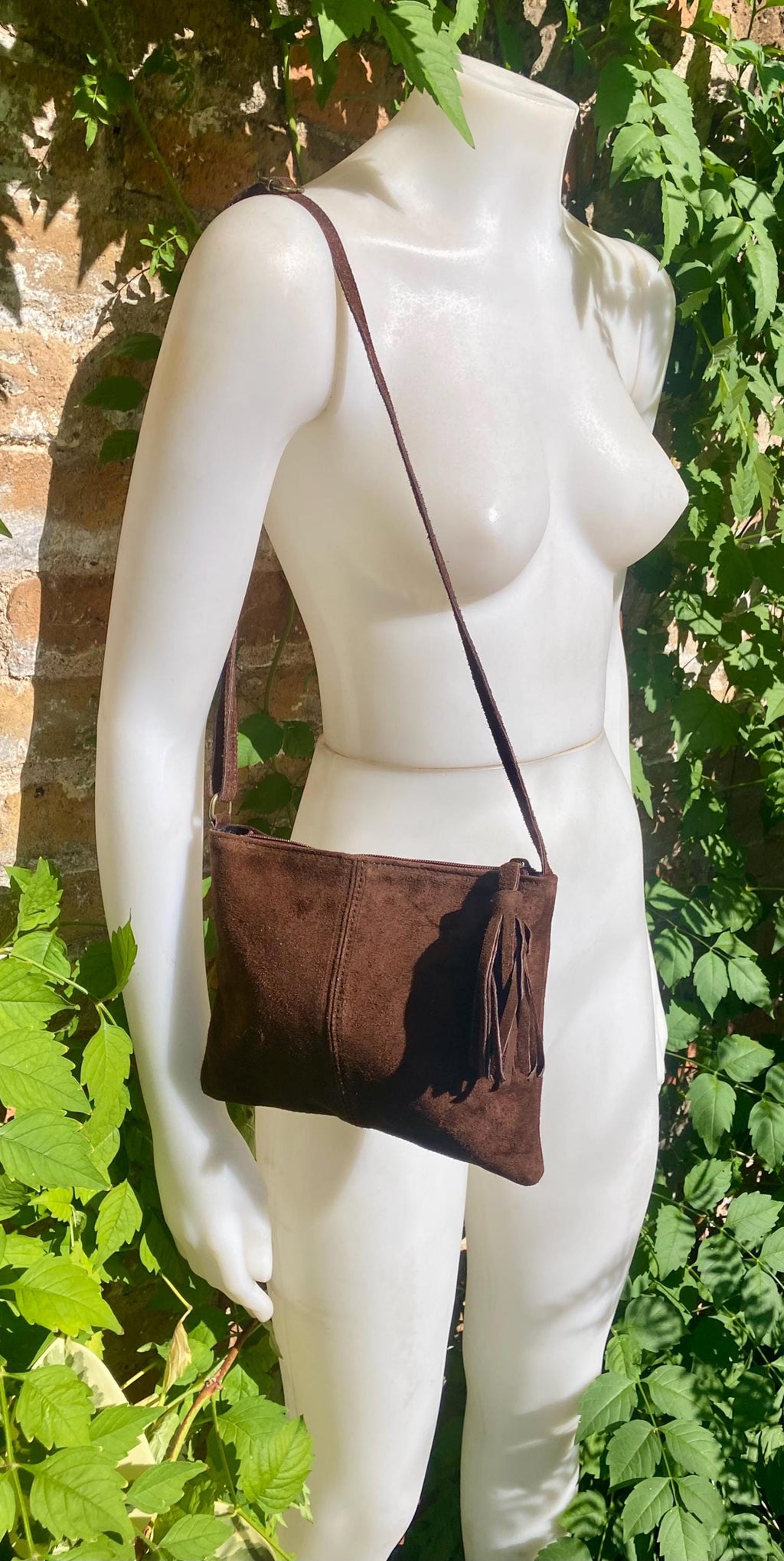 Suede leather bag in DARK BROWN Cross body bag, shoulder bag in GENUINE leather. Small leather bag with adjustable strap and zipper.