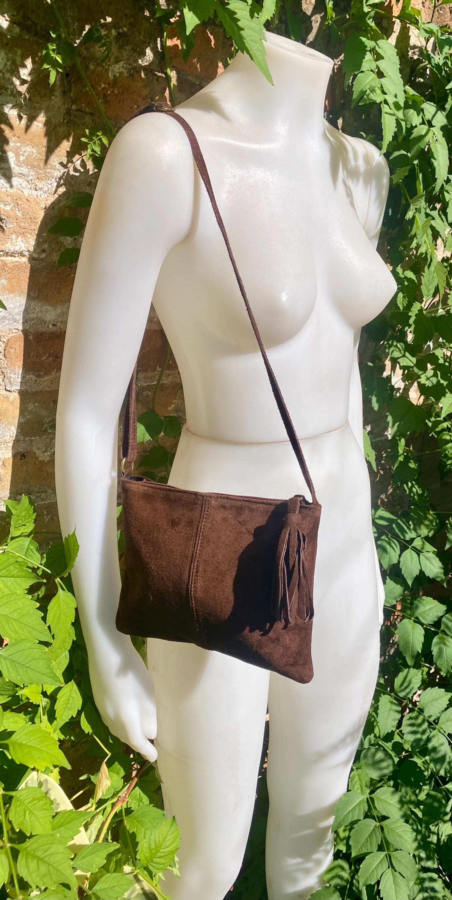 Suede leather bag in DARK BROWN Cross body bag, shoulder bag in GENUINE leather. Small leather bag with adjustable strap and zipper.
