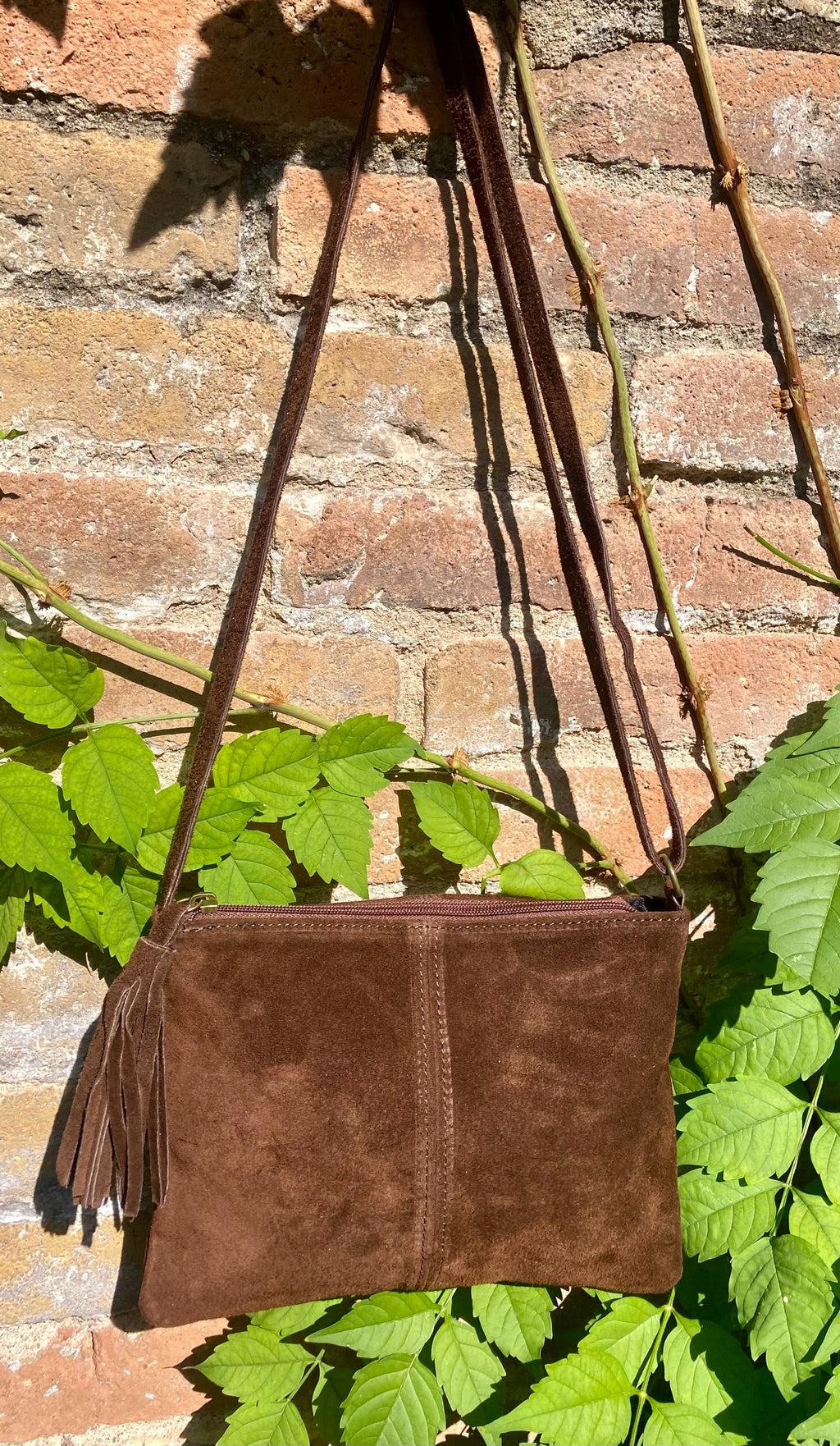 Suede leather bag in DARK BROWN Cross body bag, shoulder bag in GENUINE leather. Small leather bag with adjustable strap and zipper.
