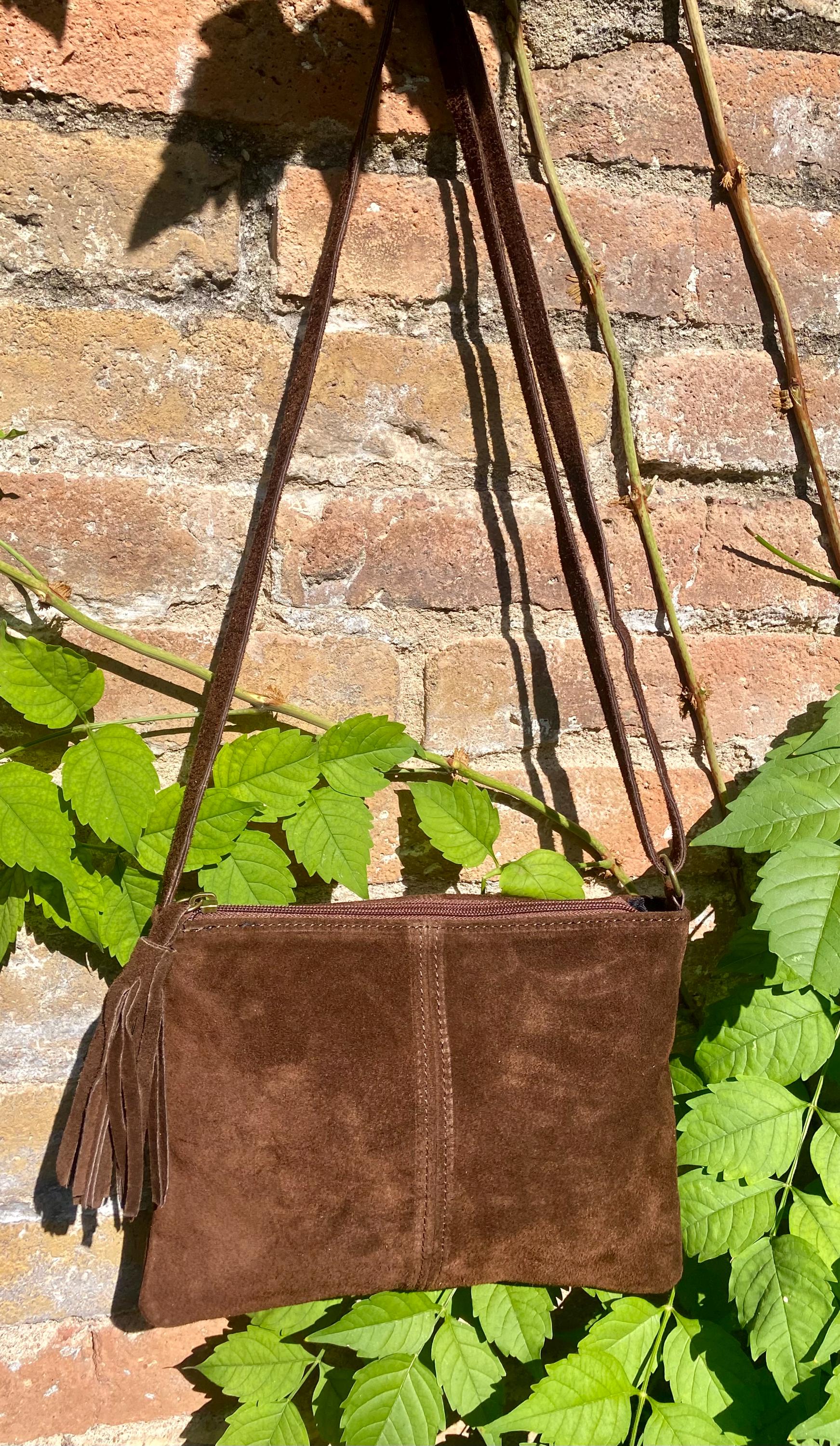 Suede leather bag in DARK BROWN Cross body bag, shoulder bag in GENUINE leather. Small leather bag with adjustable strap and zipper.