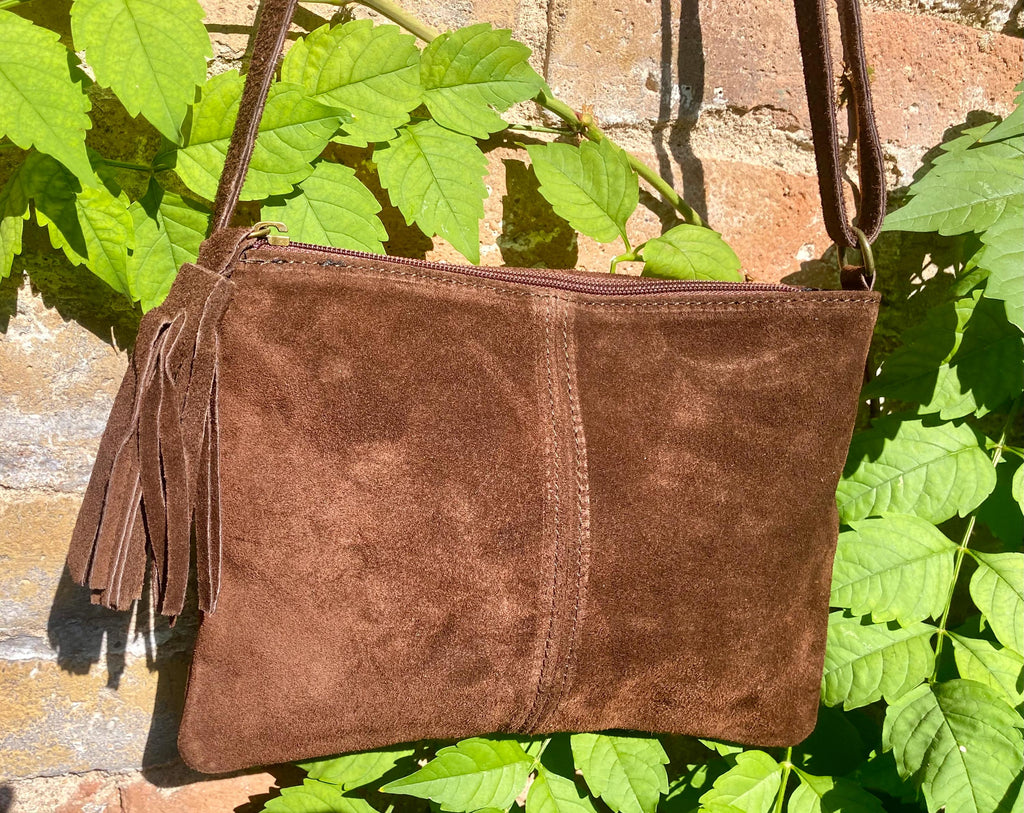 Suede leather bag in DARK BROWN Cross body bag, shoulder bag in GENUINE leather. Small leather bag with adjustable strap and zipper.