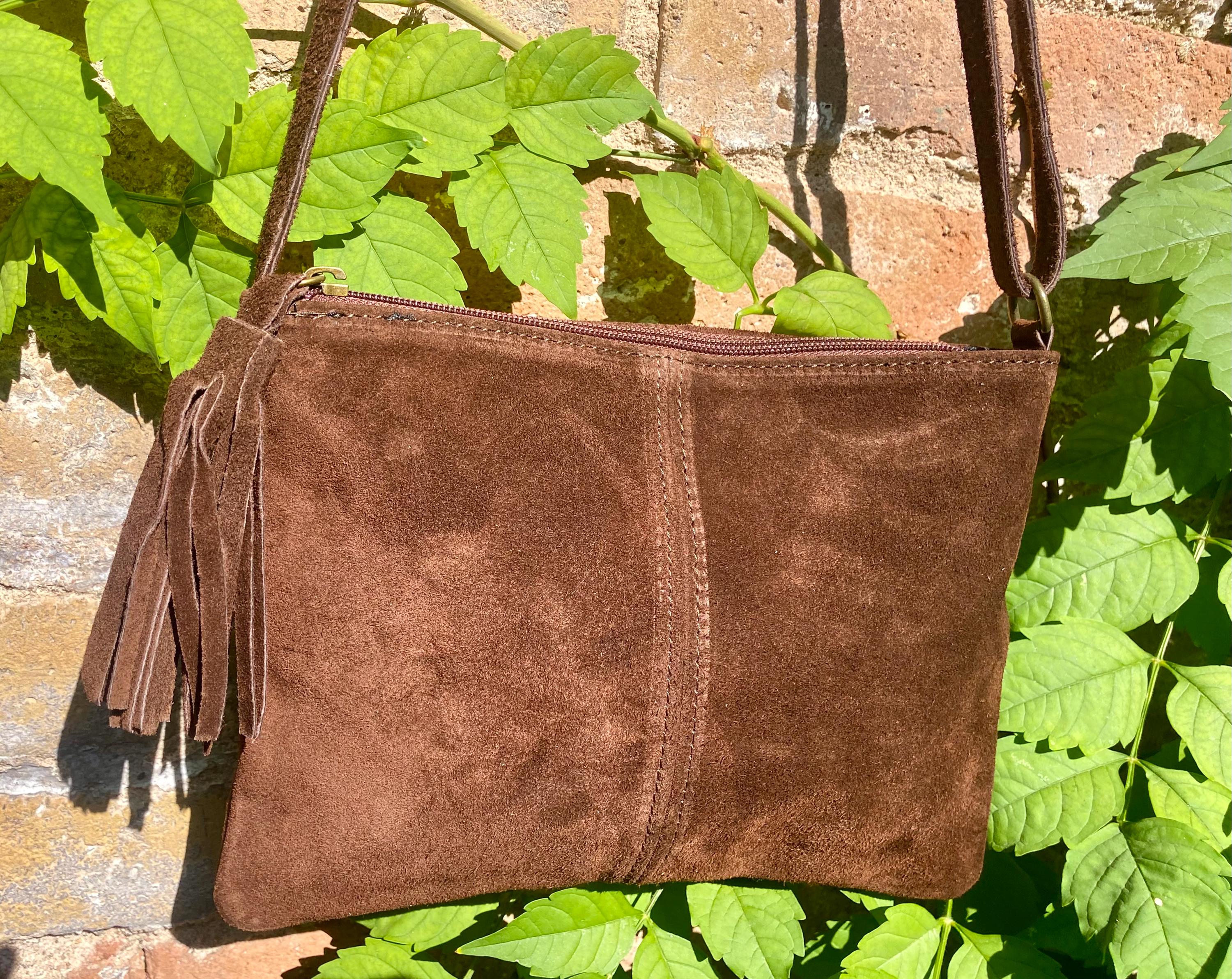 Suede leather bag in DARK BROWN Cross body bag, shoulder bag in GENUINE leather. Small leather bag with adjustable strap and zipper.