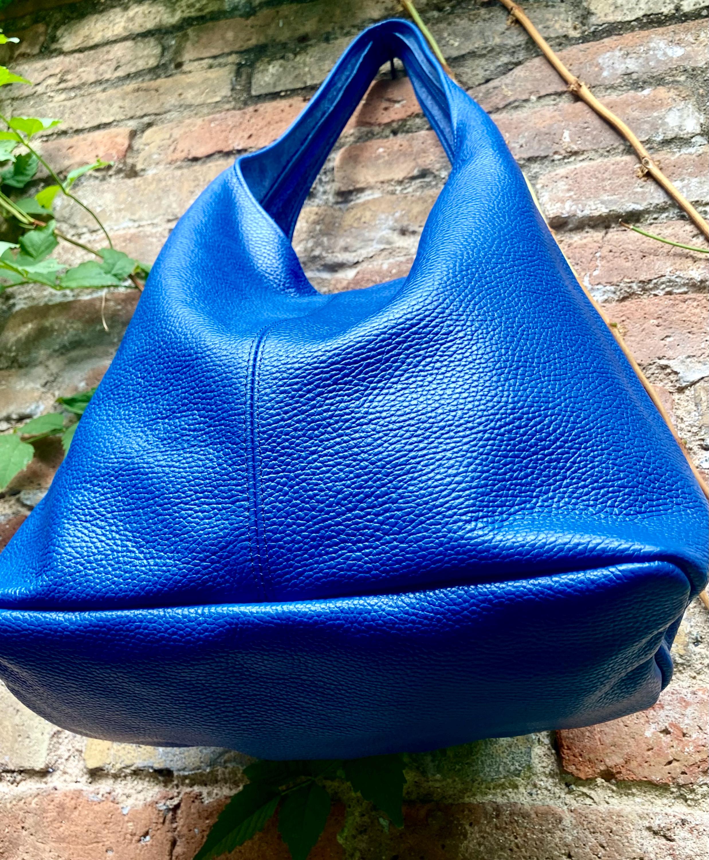 Royal blue slouch bag. Tote leather bag with ZIPPER. Soft genuine leather. Cobalt blue leather purse. Wide strap leather shoulder bag.