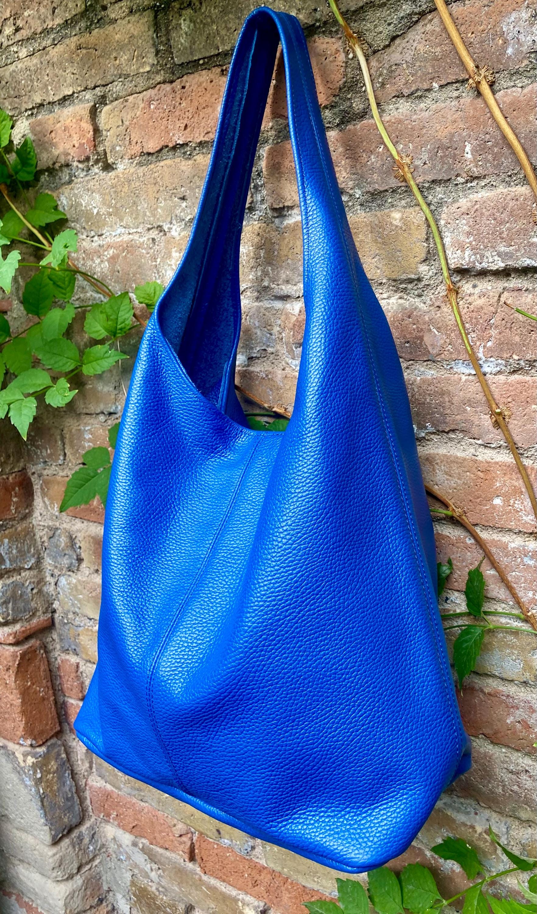 Royal blue slouch bag. Tote leather bag with ZIPPER. Soft genuine leather. Cobalt blue leather purse. Wide strap leather shoulder bag.
