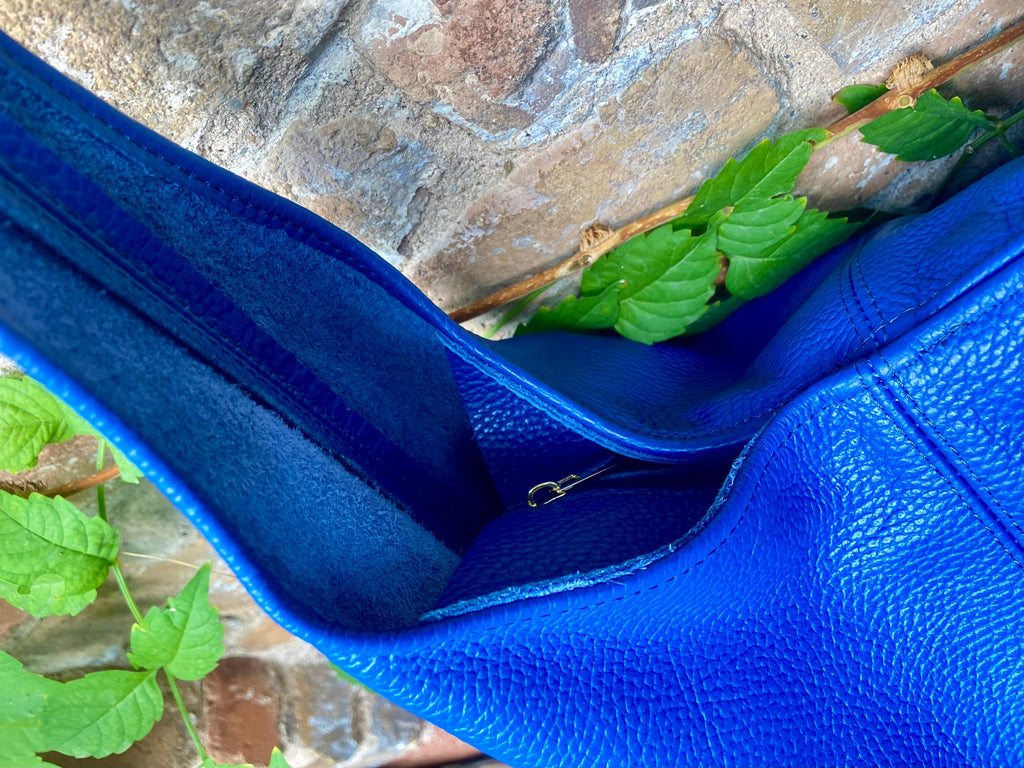 Royal blue slouch bag. Tote leather bag with ZIPPER. Soft genuine leather. Cobalt blue leather purse. Wide strap leather shoulder bag.