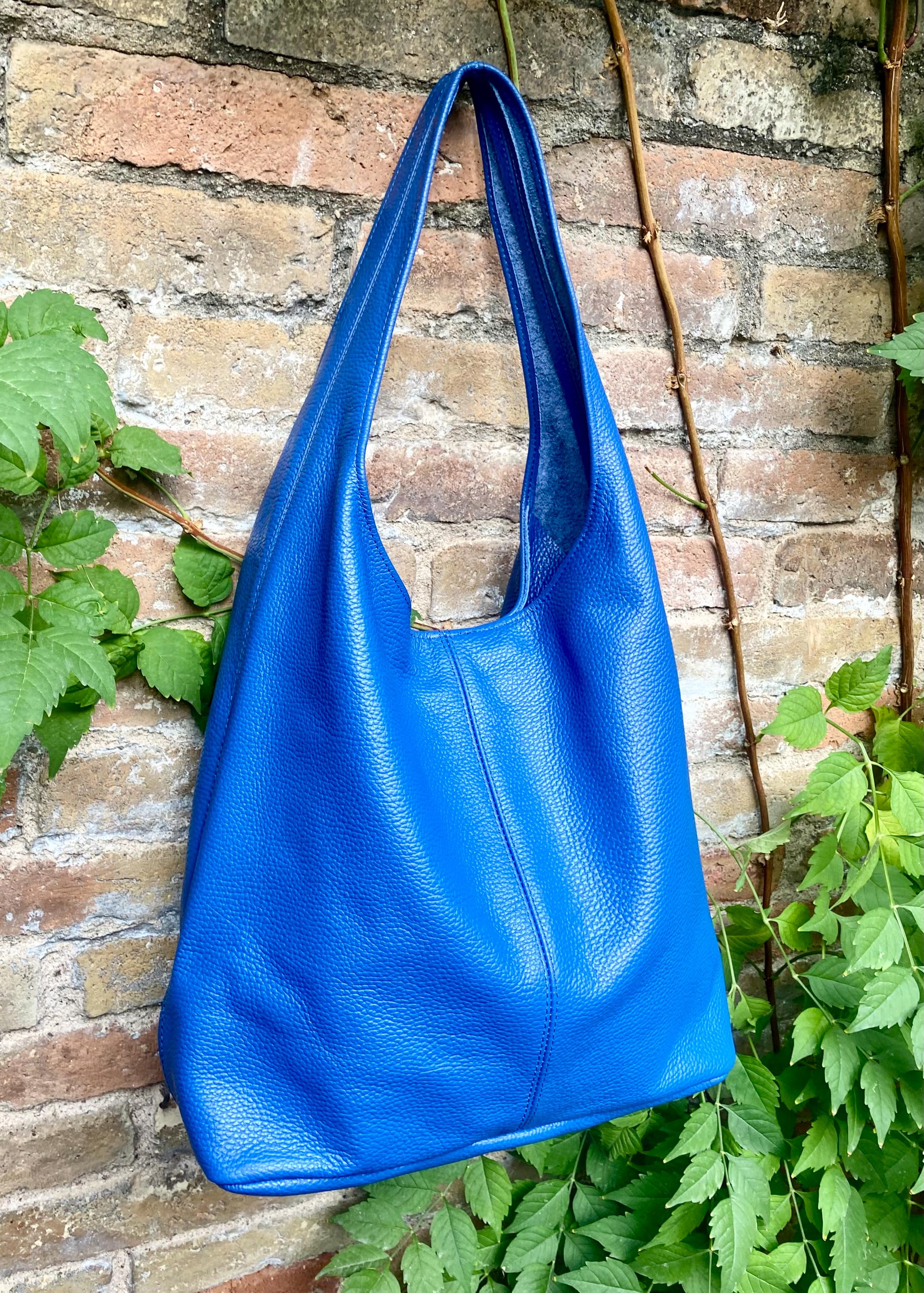 Royal blue slouch bag. Tote leather bag with ZIPPER. Soft genuine leather. Cobalt blue leather purse. Wide strap leather shoulder bag.