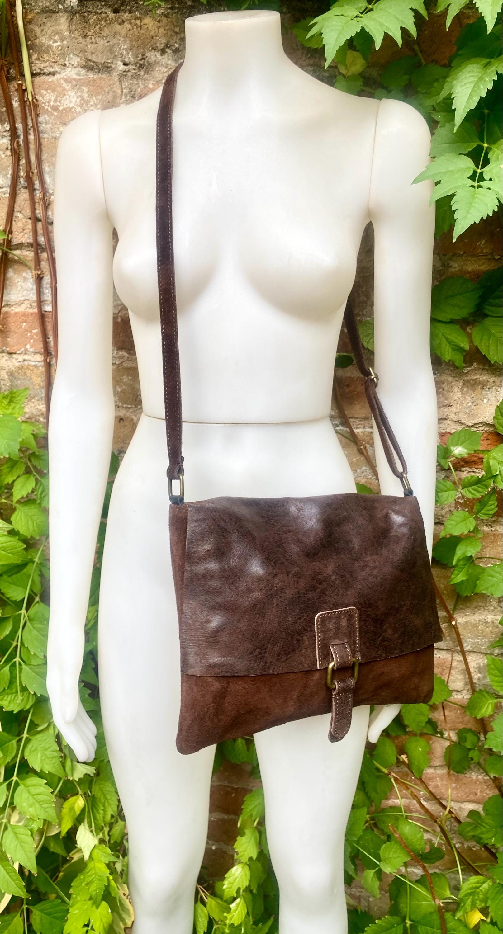 Dark brown genuine leather crossbody / shoulder bag. Messenger bag in soft "distressed" leather. Chocolate brown leather purse.