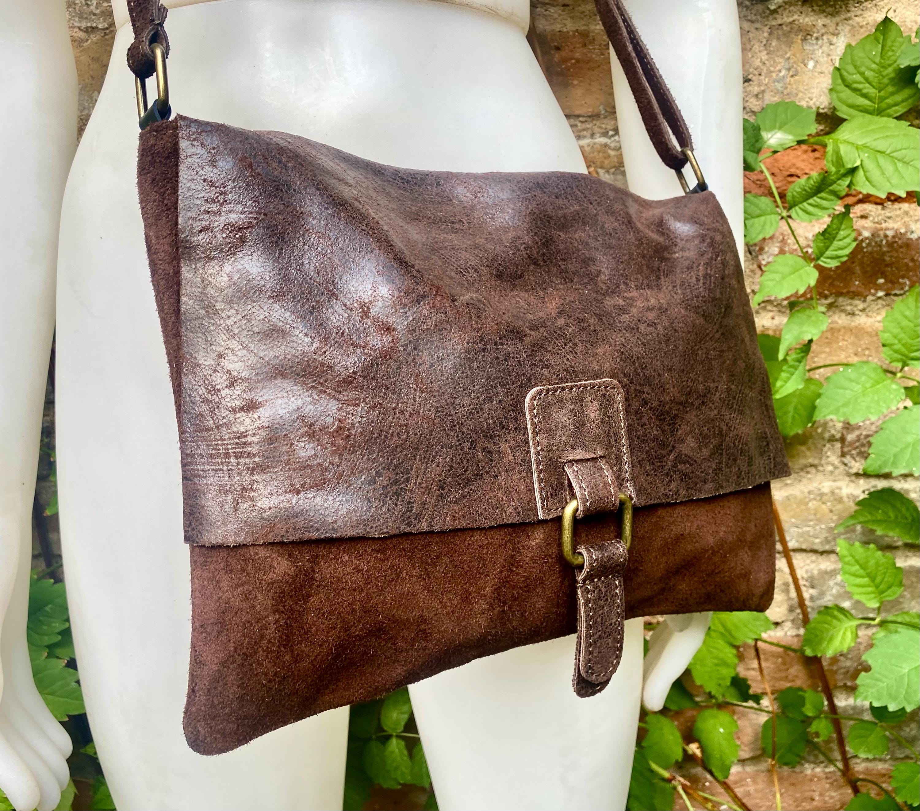 Dark brown genuine leather crossbody / shoulder bag. Messenger bag in soft "distressed" leather. Chocolate brown leather purse.