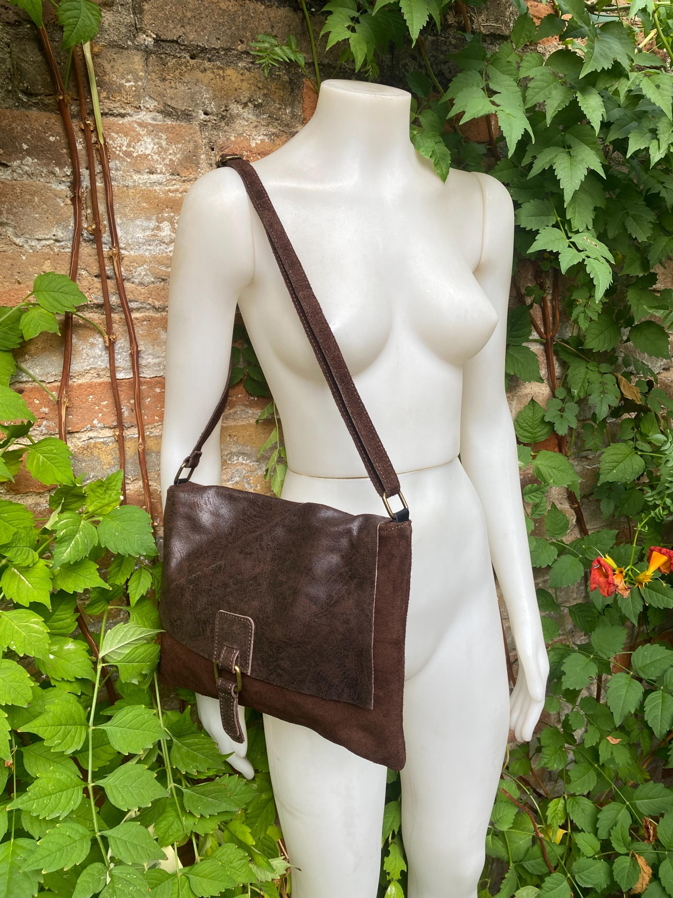 Dark brown genuine leather crossbody / shoulder bag. Messenger bag in soft "distressed" leather. Chocolate brown leather purse.