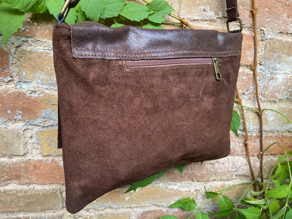 Dark brown genuine leather crossbody / shoulder bag. Messenger bag in soft "distressed" leather. Chocolate brown leather purse.