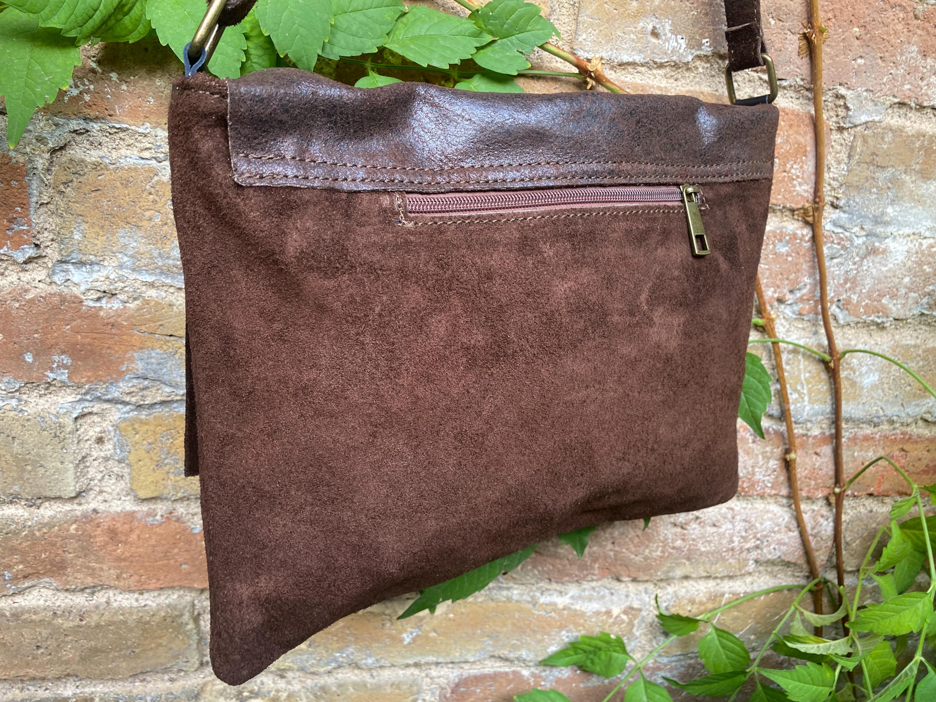 Dark brown genuine leather crossbody / shoulder bag. Messenger bag in soft "distressed" leather. Chocolate brown leather purse.