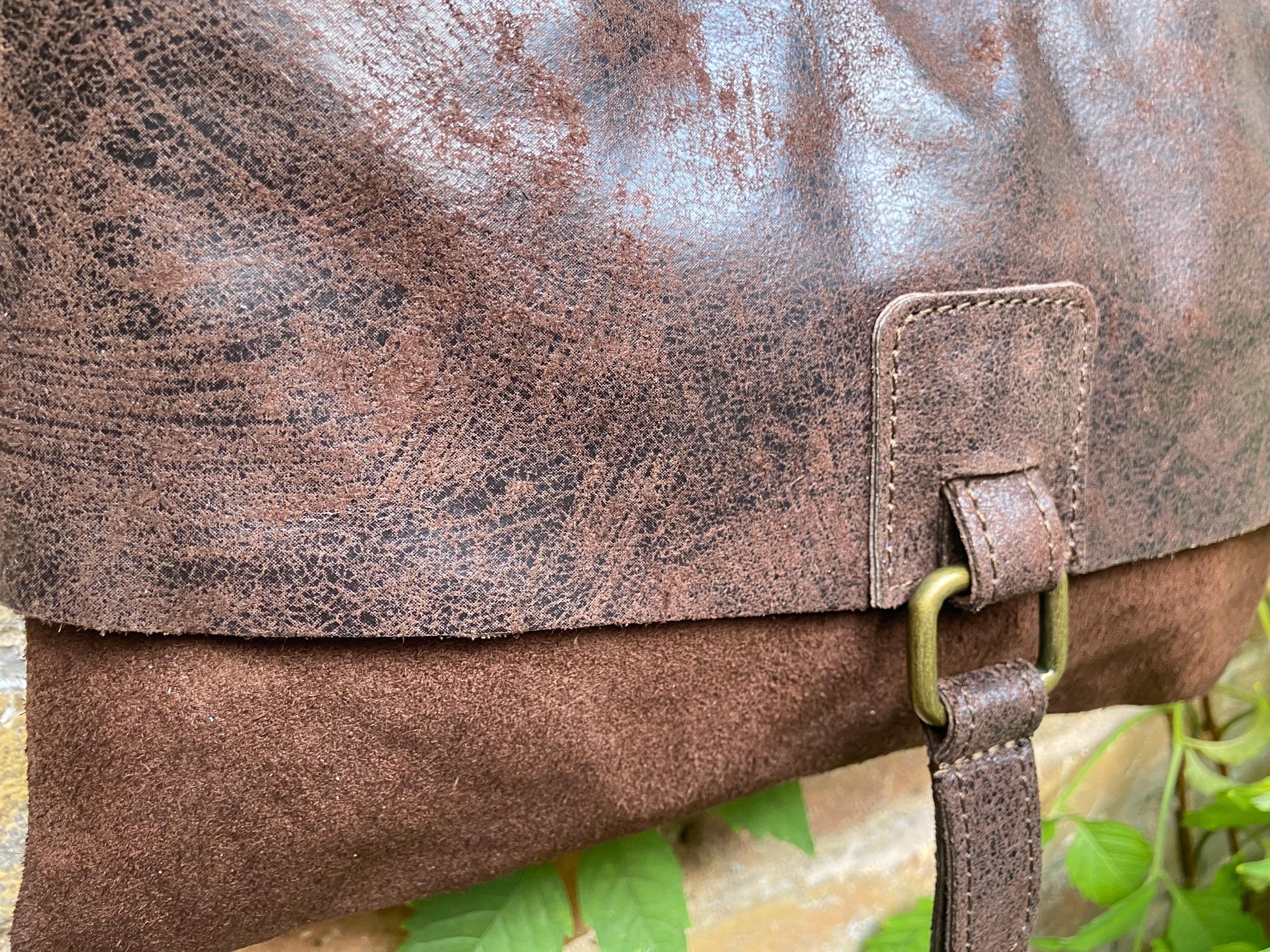 Dark brown genuine leather crossbody / shoulder bag. Messenger bag in soft "distressed" leather. Chocolate brown leather purse.