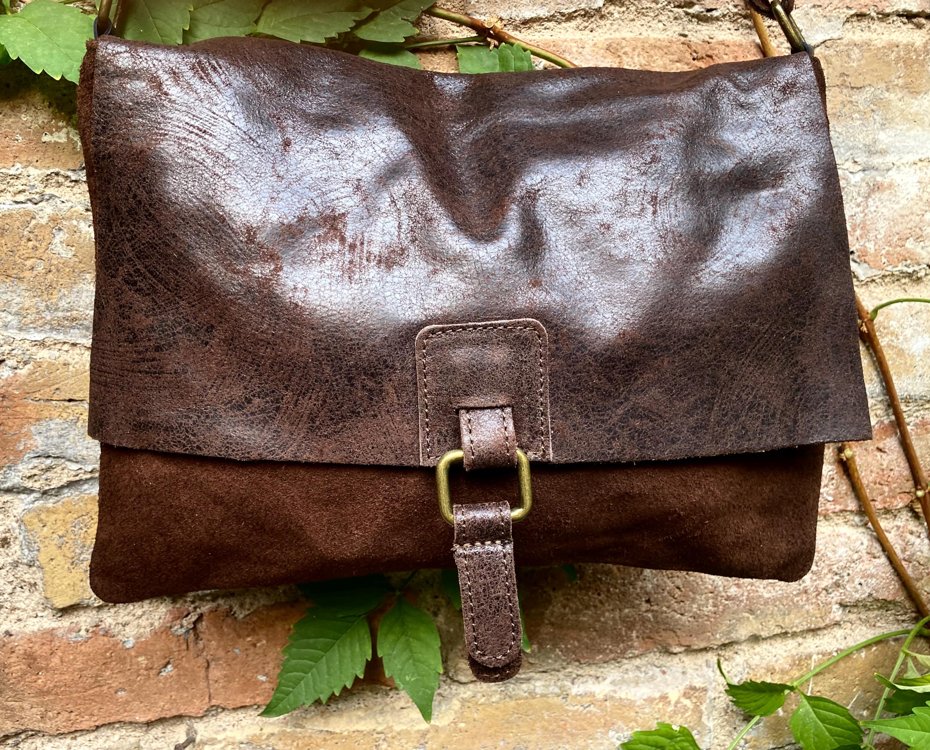 Dark brown genuine leather crossbody / shoulder bag. Messenger bag in soft "distressed" leather. Chocolate brown leather purse.