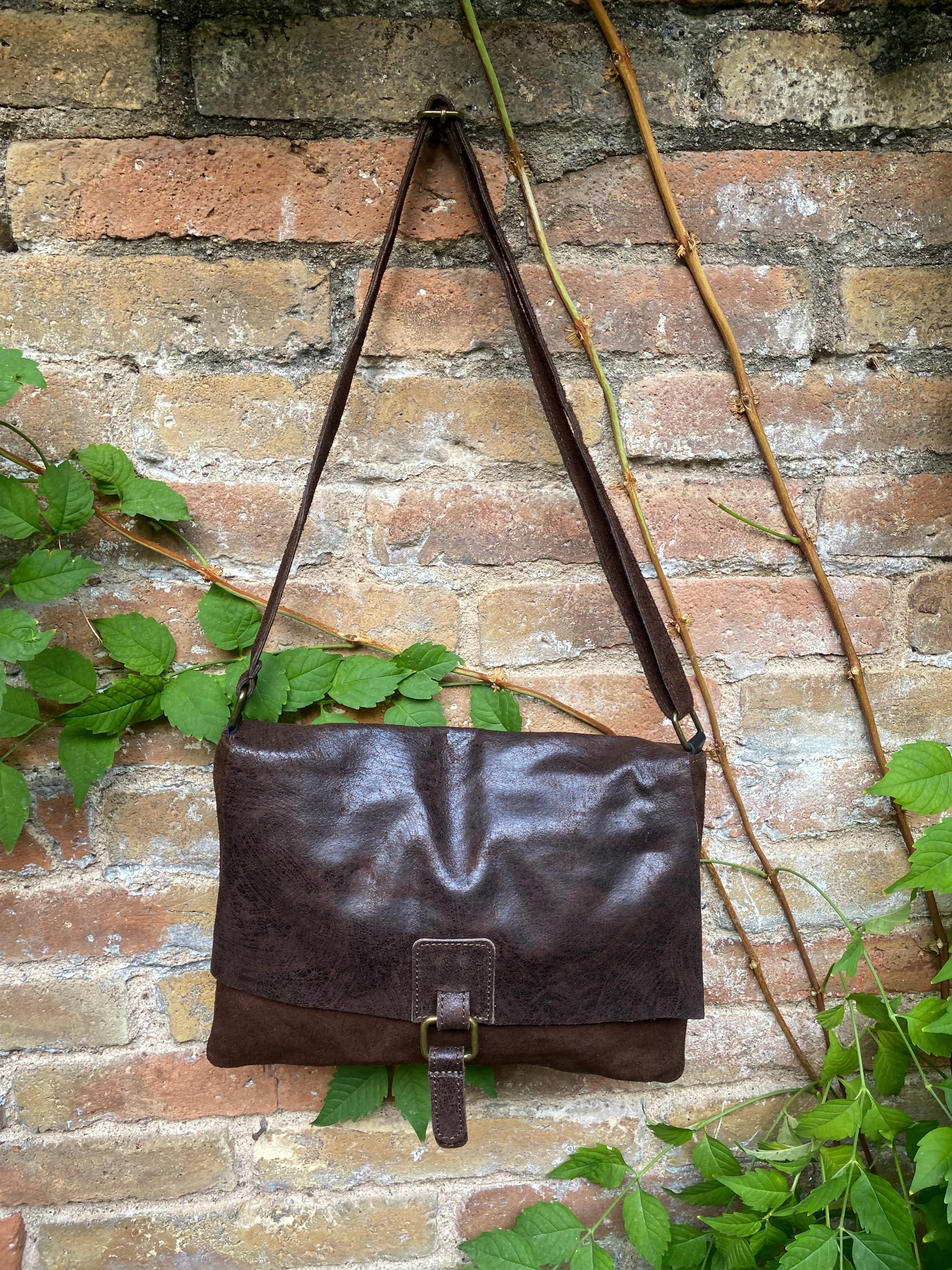 Dark brown genuine leather crossbody / shoulder bag. Messenger bag in soft "distressed" leather. Chocolate brown leather purse.