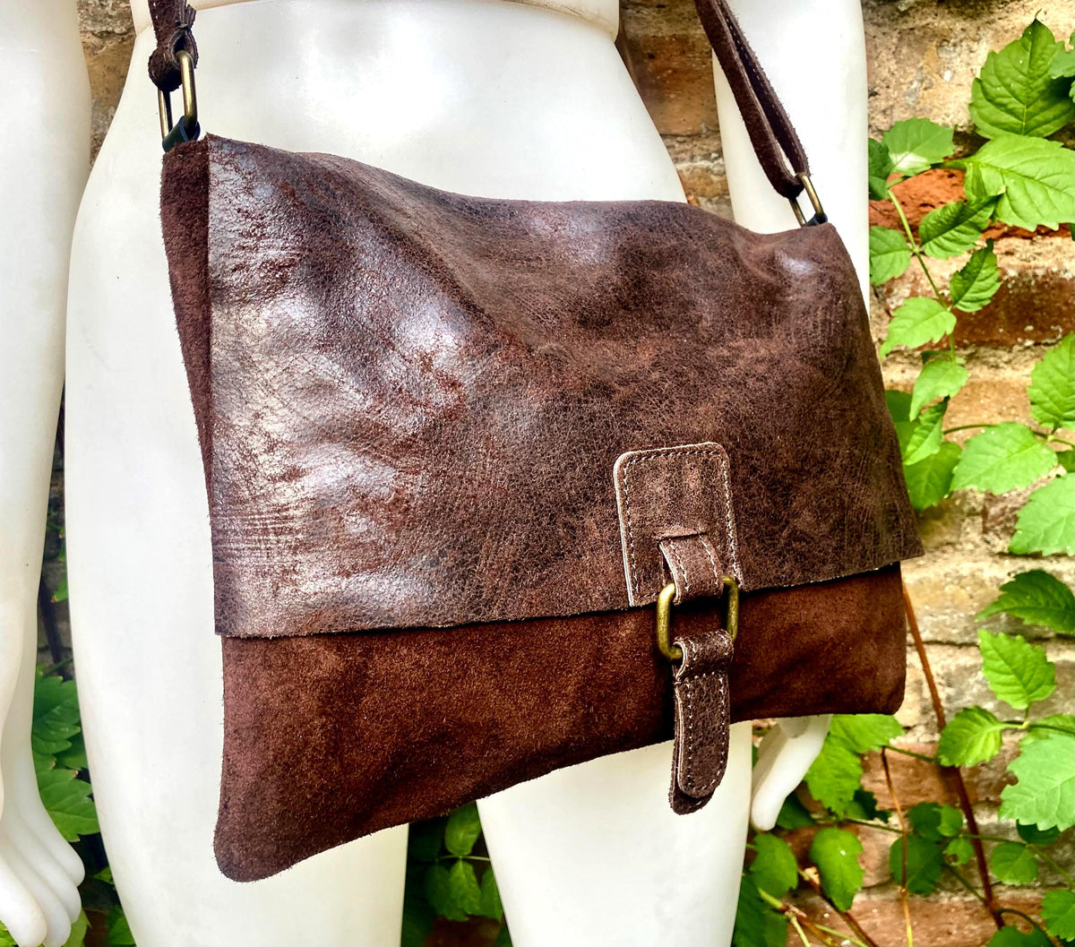 Dark brown genuine leather crossbody / shoulder bag. Messenger bag in soft "distressed" leather. Chocolate brown leather purse.