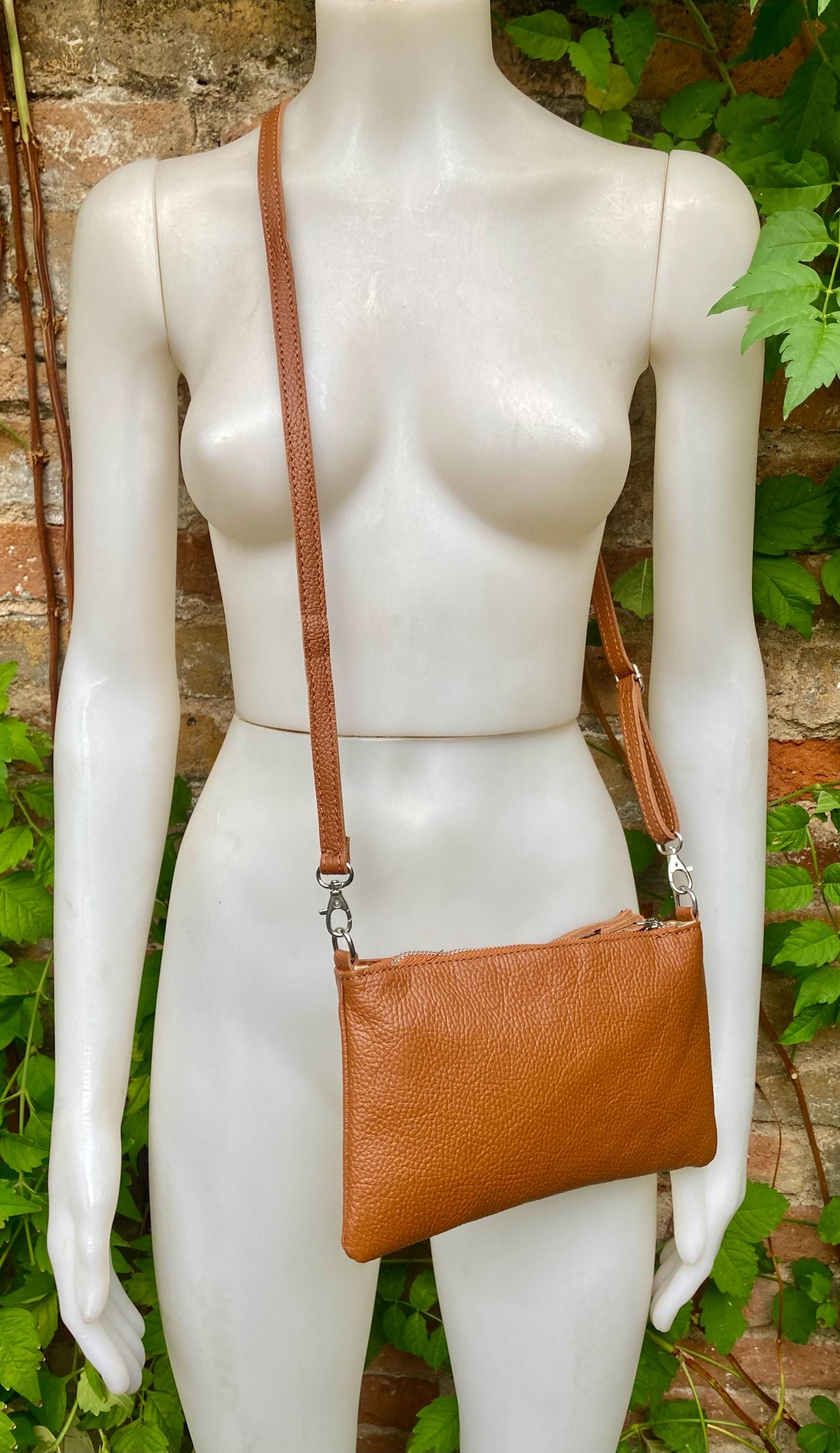 Small leather bag in camel brown. GENUINE leather crossbody / shoulder bag. Brown leather bag with silver hardware. Caramel brown purse
