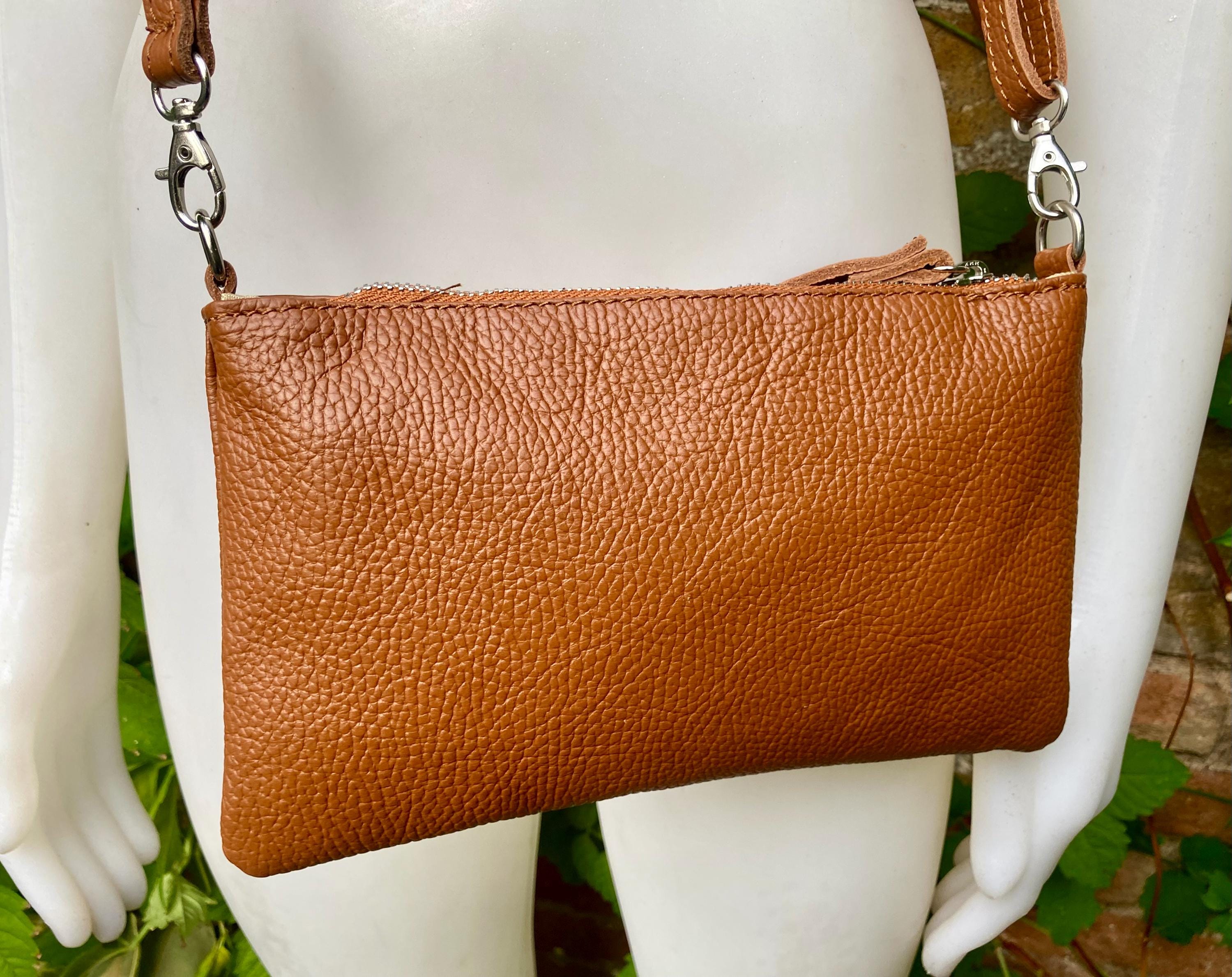 Small leather bag in camel brown. GENUINE leather crossbody / shoulder bag. Brown leather bag with silver hardware. Caramel brown purse