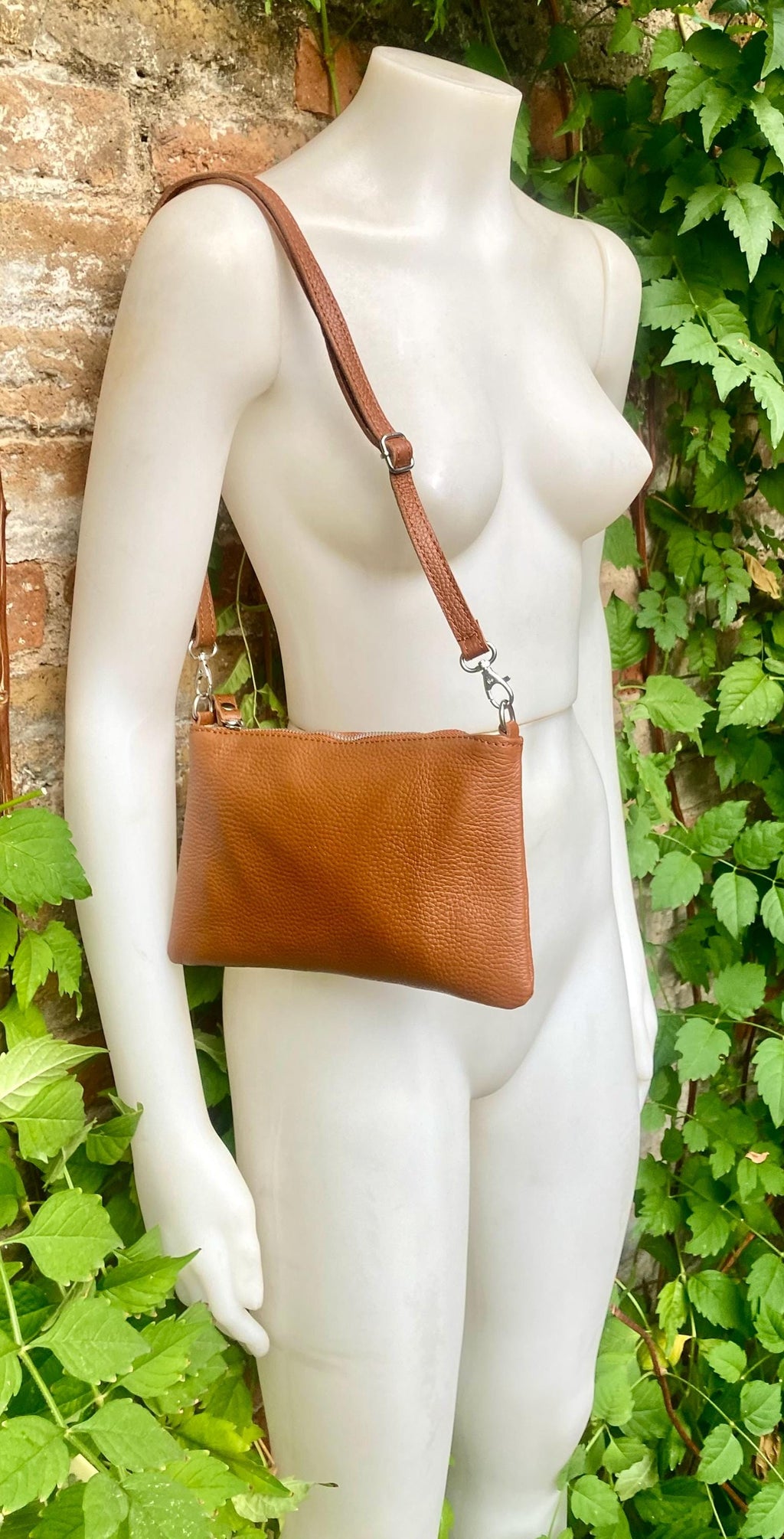 Small leather bag in camel brown. GENUINE leather crossbody / shoulder bag. Brown leather bag with silver hardware. Caramel brown purse