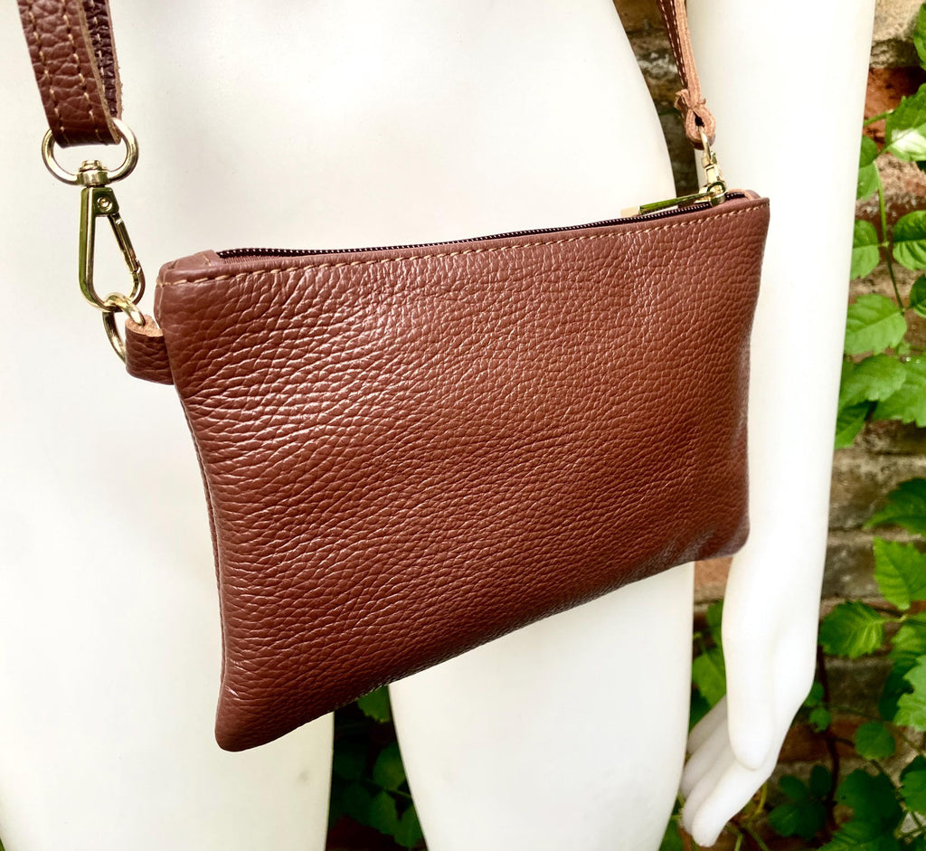 Small leather bag in dark rusty brown. GENUINE leather crossbody / shoulder bag.Brown leather bag with GOLD hardware. Warm brown purse