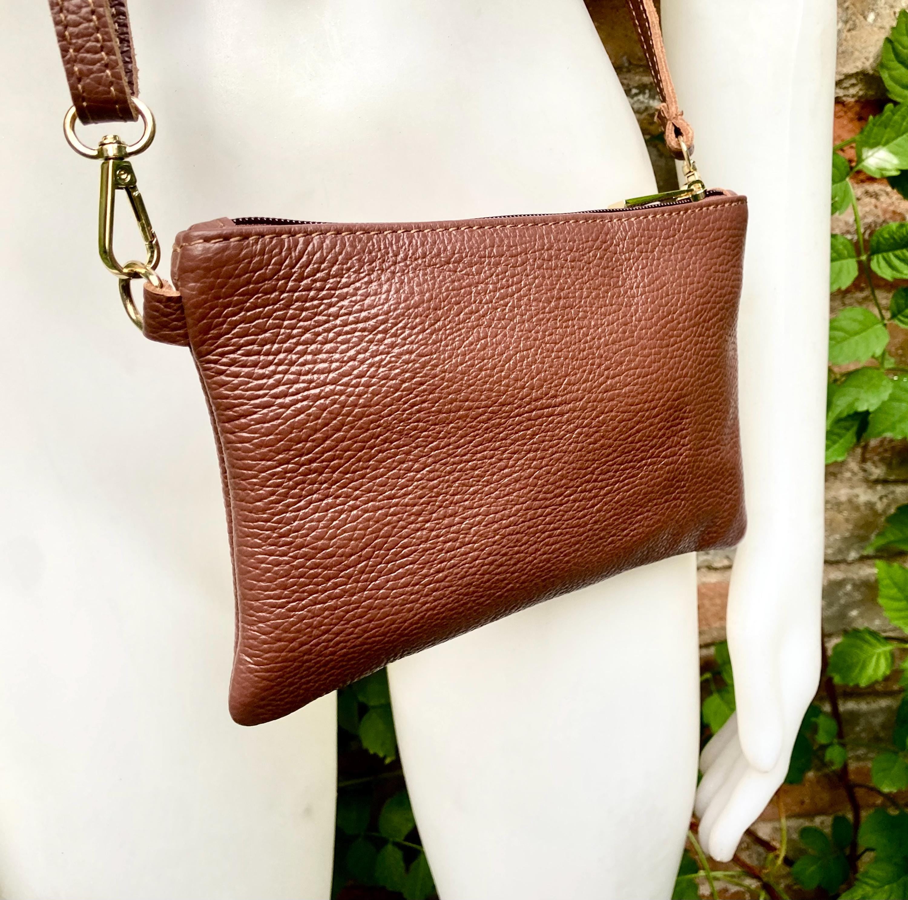 Small leather bag in dark rusty brown. GENUINE leather crossbody / shoulder bag.Brown leather bag with GOLD hardware. Warm brown purse