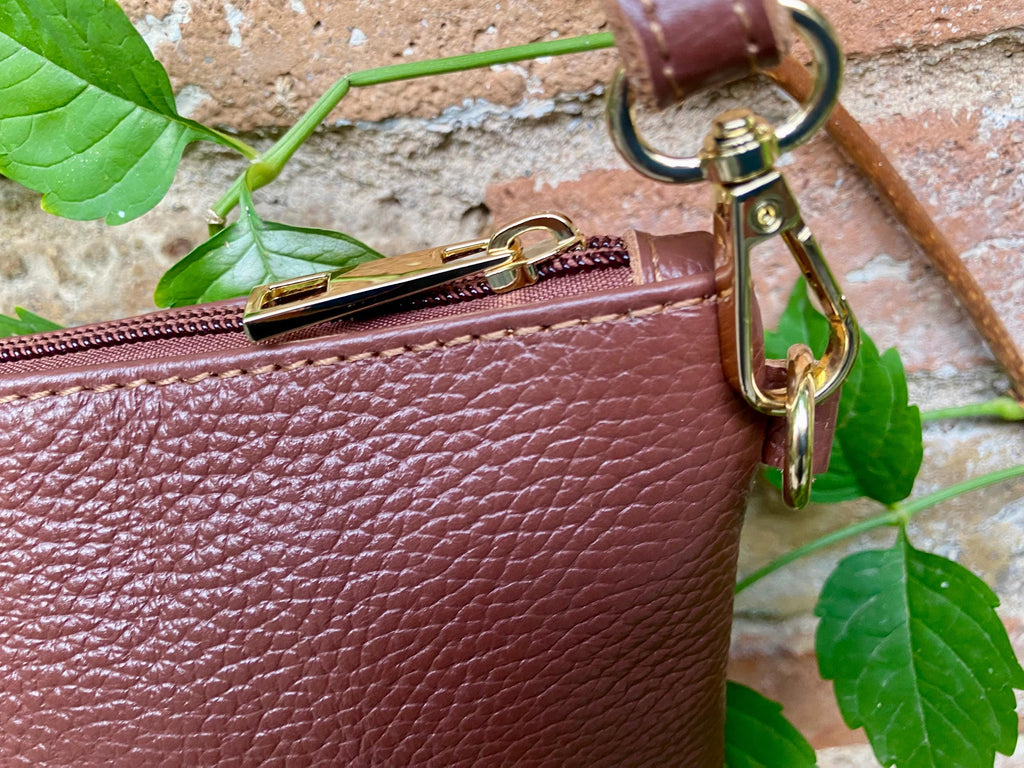 Small leather bag in dark rusty brown. GENUINE leather crossbody / shoulder bag.Brown leather bag with GOLD hardware. Warm brown purse