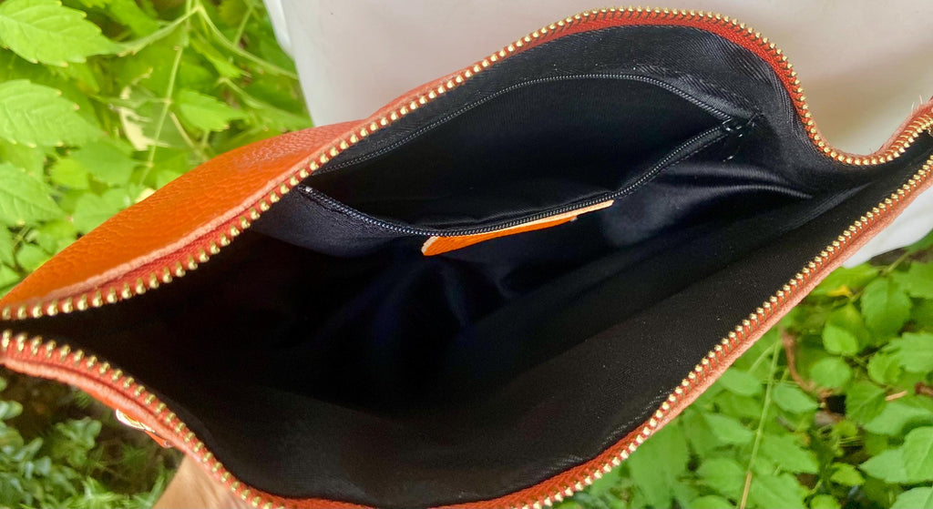Orange leather bag. Genuine leather messenger bag. Orange crossbody / shoulder bag with zipper and adjustable strap