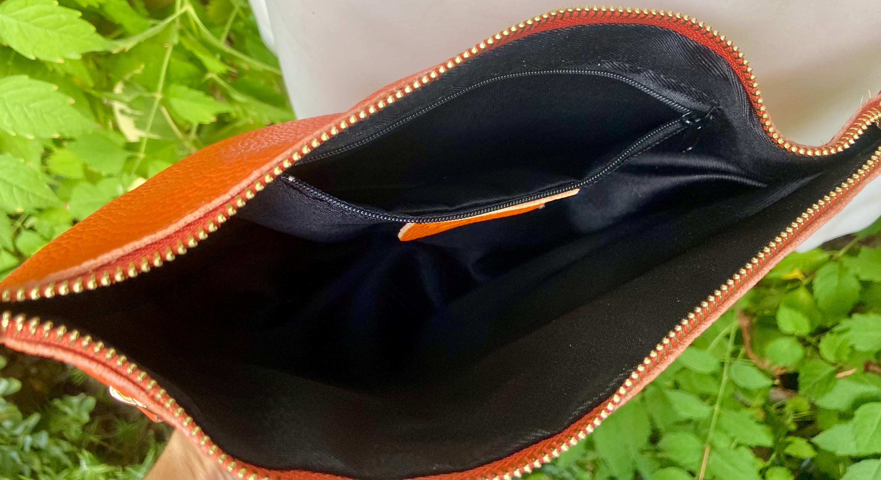Orange leather bag. Genuine leather messenger bag. Orange crossbody / shoulder bag with zipper and adjustable strap
