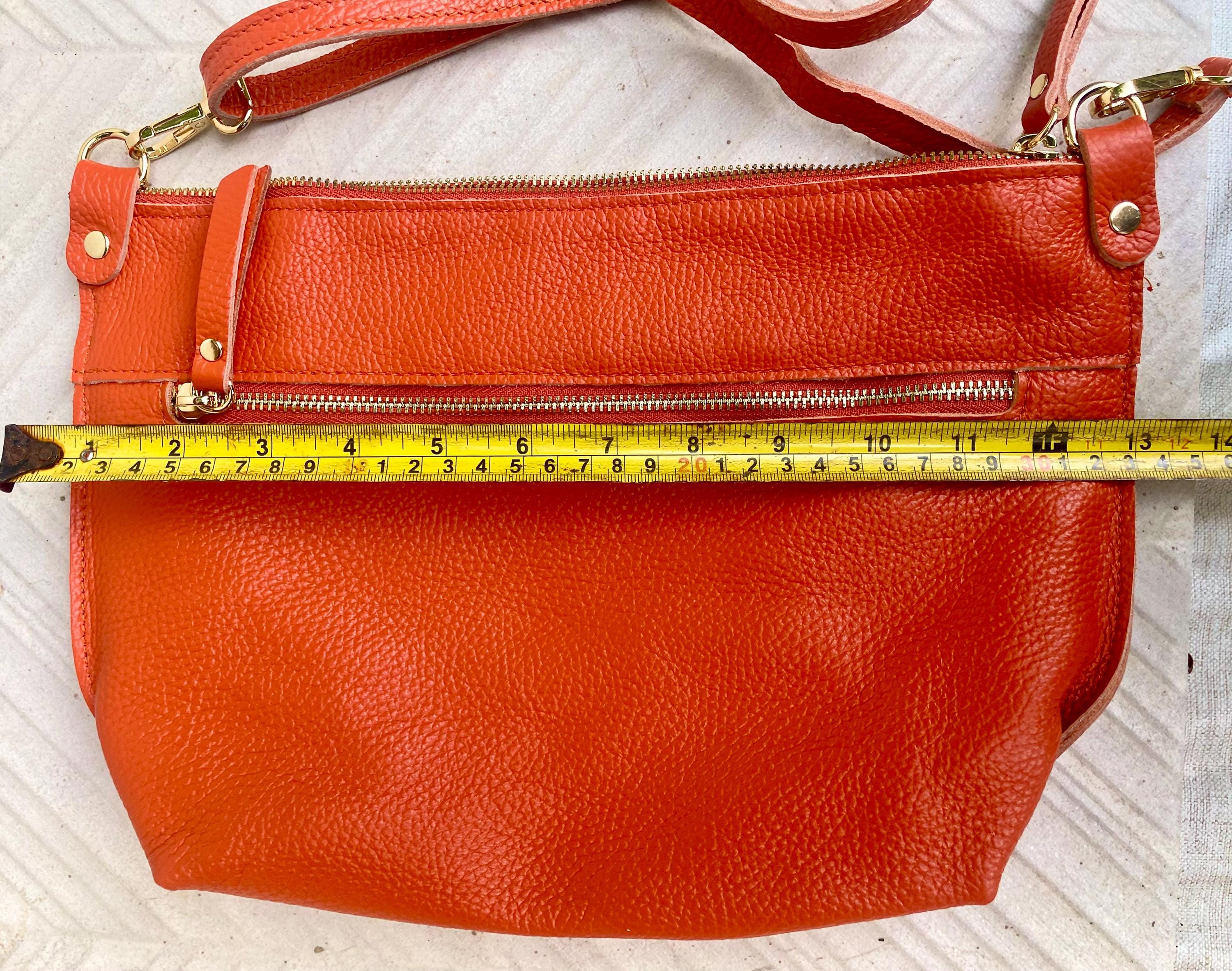 Orange leather bag. Genuine leather messenger bag. Orange crossbody / shoulder bag with zipper and adjustable strap