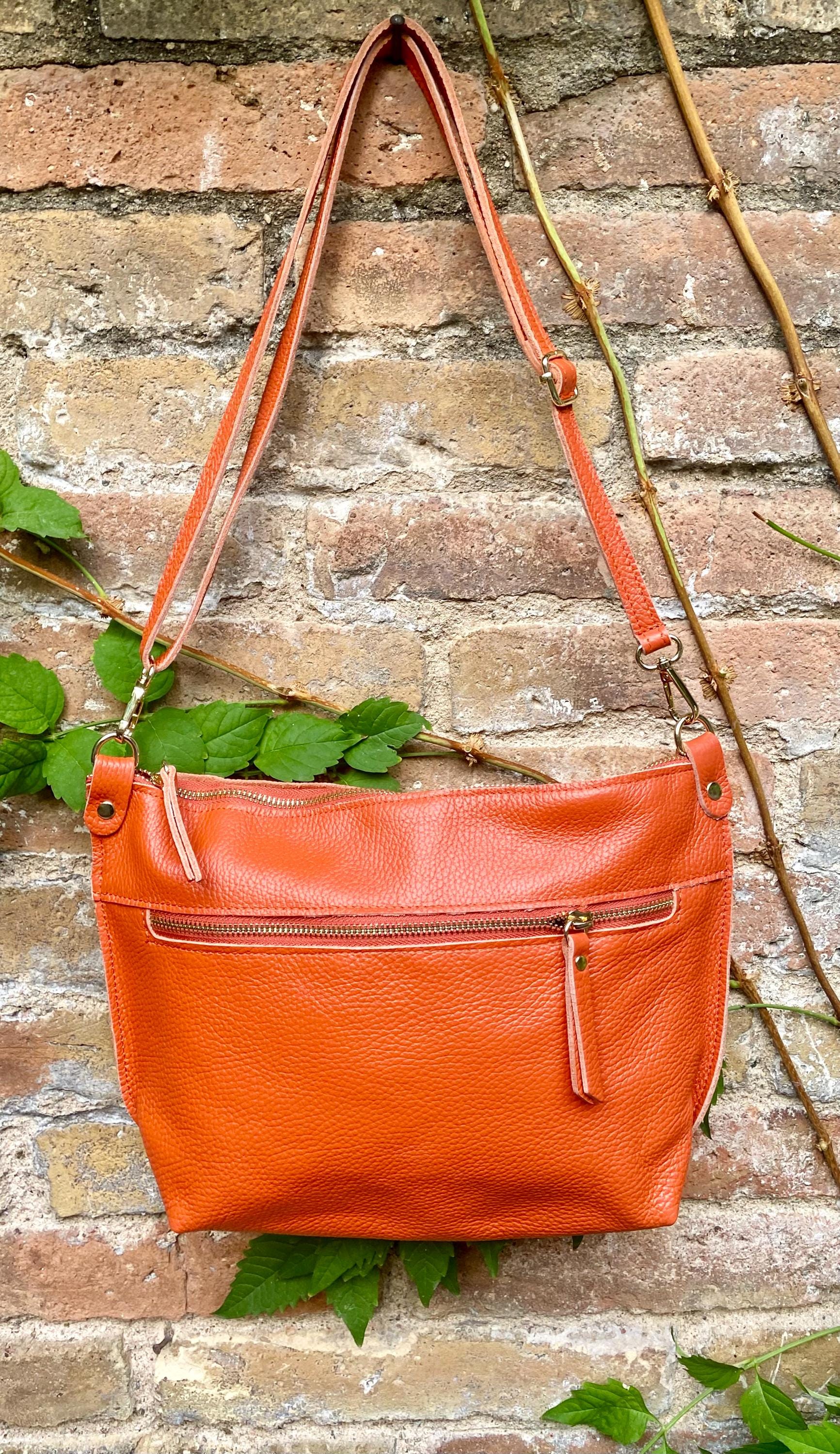 Orange leather bag. Genuine leather messenger bag. Orange crossbody / shoulder bag with zipper and adjustable strap