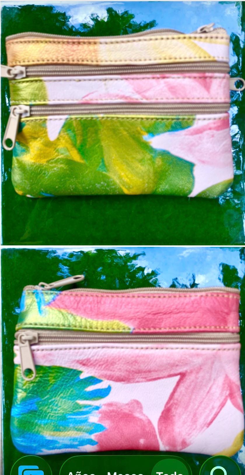 Small card / coin purse with zippers in genuine leather. Small wallet for credit cards, coins and notes. Soft natural leather. Retro wallet