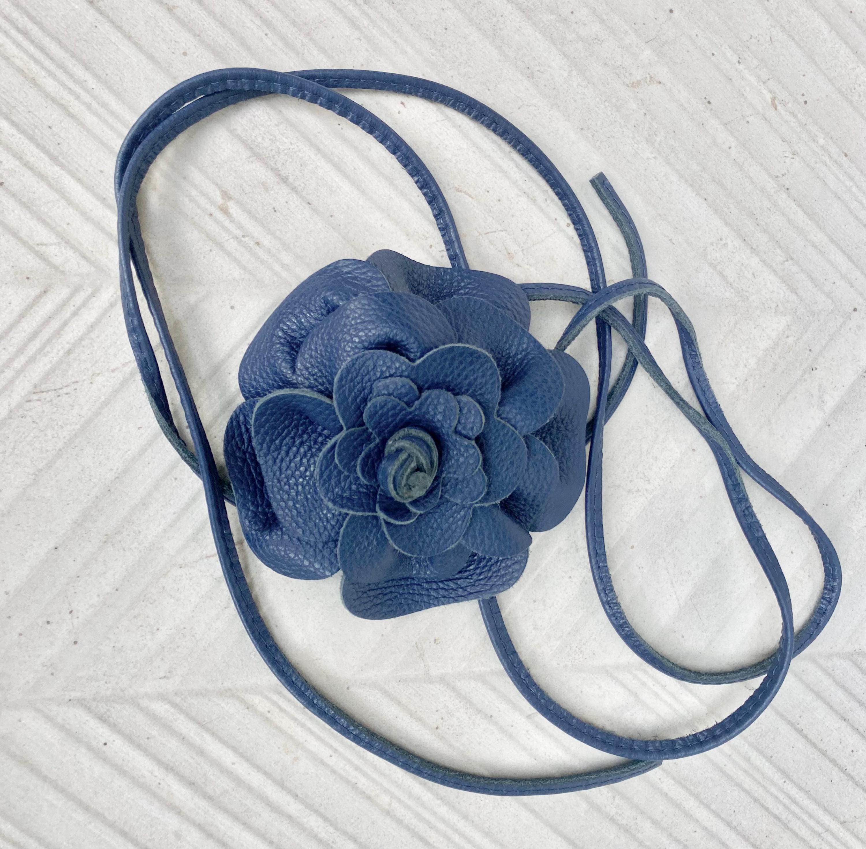 Flower leather belt in navy blue. Waist, overall or dress belt. Dark blue genuine leather. Navy rose belt. Large blue flower.