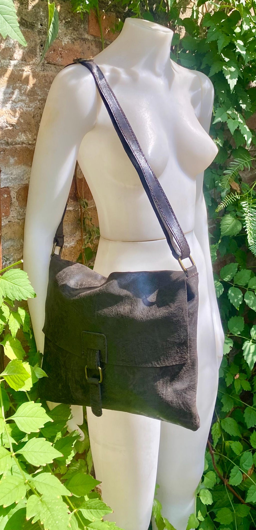Dark brown genuine leather crossbody / shoulder bag. Messenger bag in soft "distressed" leather. Chocolate brown leather purse.