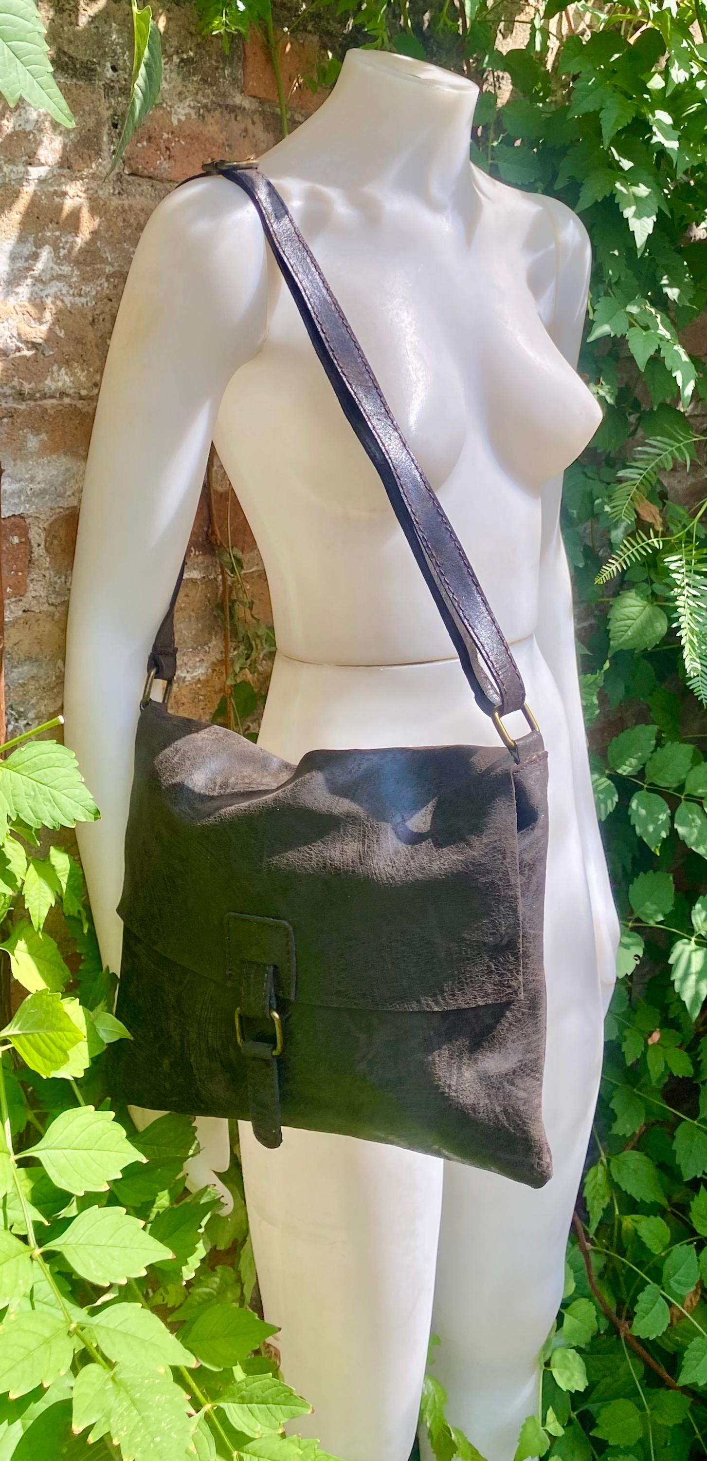 Dark brown genuine leather crossbody / shoulder bag. Messenger bag in soft "distressed" leather. Chocolate brown leather purse.