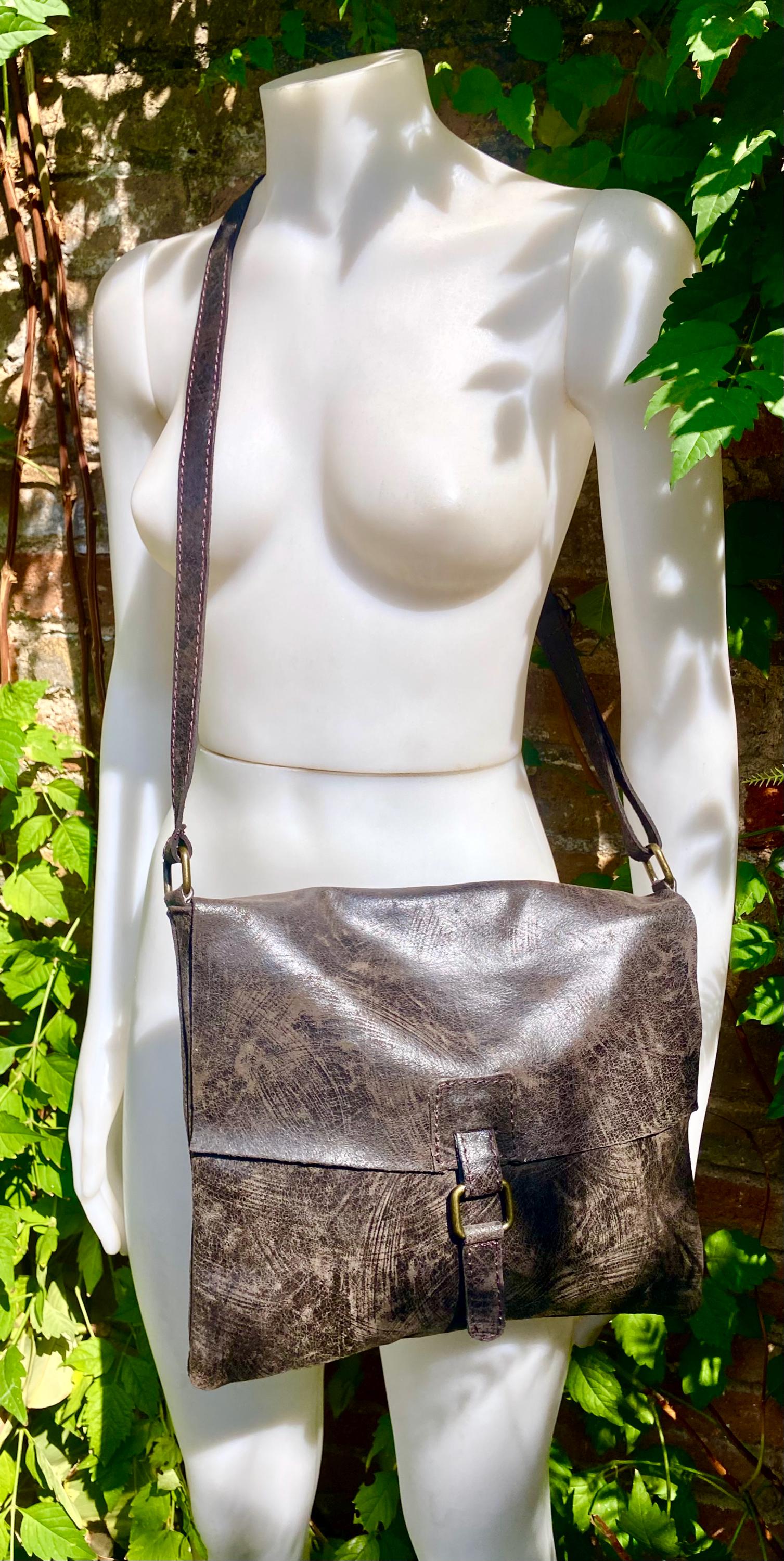 Dark brown genuine leather crossbody / shoulder bag. Messenger bag in soft "distressed" leather. Chocolate brown leather purse.