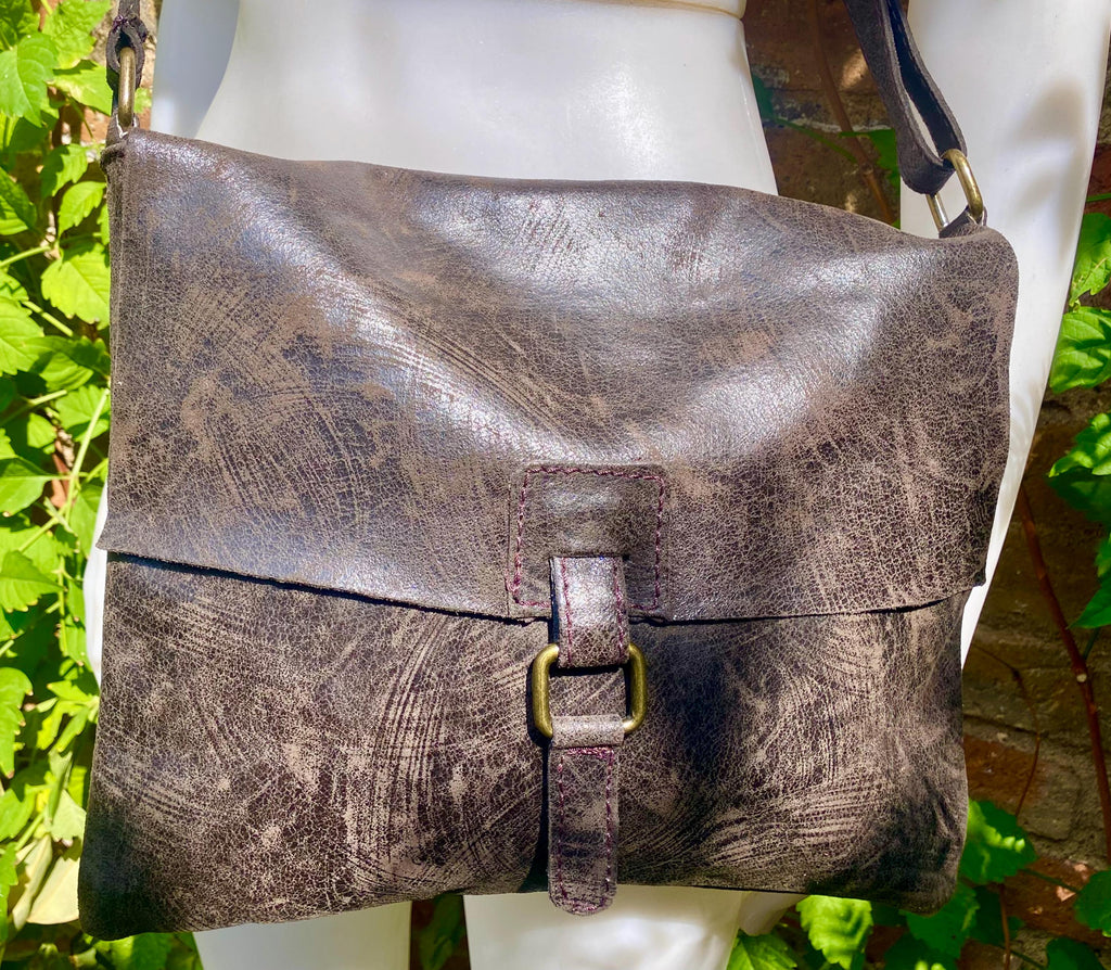 Dark brown genuine leather crossbody / shoulder bag. Messenger bag in soft "distressed" leather. Chocolate brown leather purse.