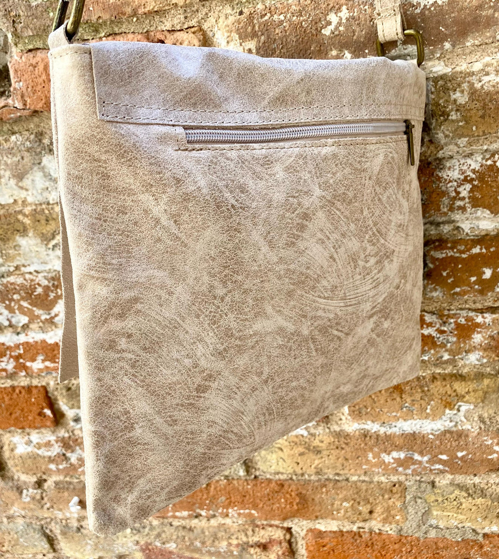 Cross body suede bag. GENUINE leather bag in beige. BOHO natural leather bag. Messenger bag in suede for books, tablets. Beige suede purse