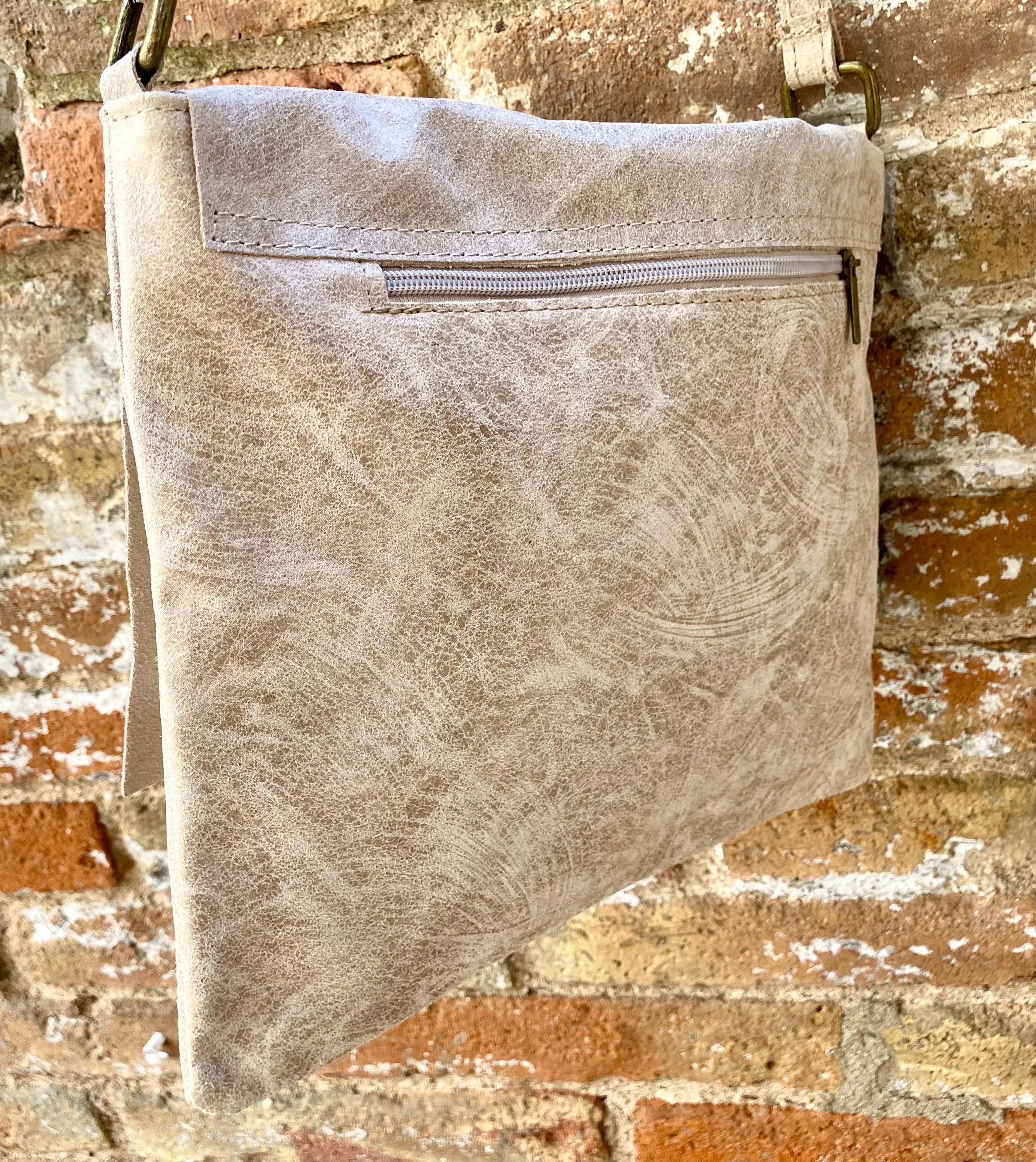 Cross body suede bag. GENUINE leather bag in beige. BOHO natural leather bag. Messenger bag in suede for books, tablets. Beige suede purse