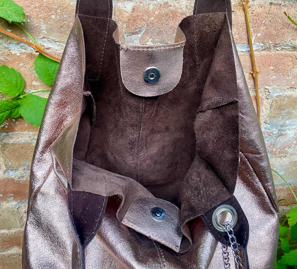 Shoulder leather bag in BRONZE. GENUINE leather shopper bag. Large carry all bag for your laptop, books. Metallic BRONZE leather purse