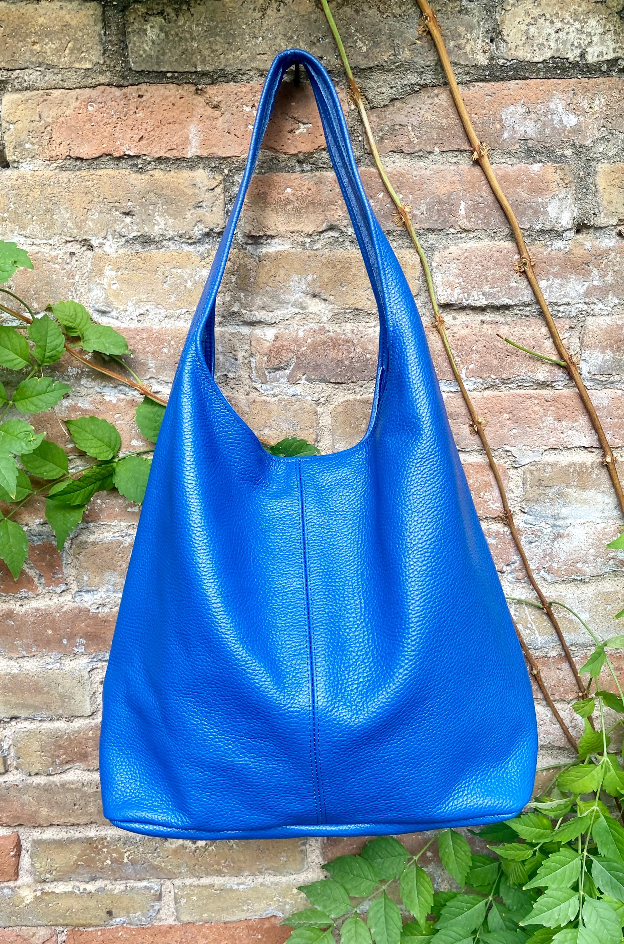 Royal blue slouch bag. Tote leather bag with ZIPPER. Soft genuine leather. Cobalt blue leather purse. Wide strap leather shoulder bag.