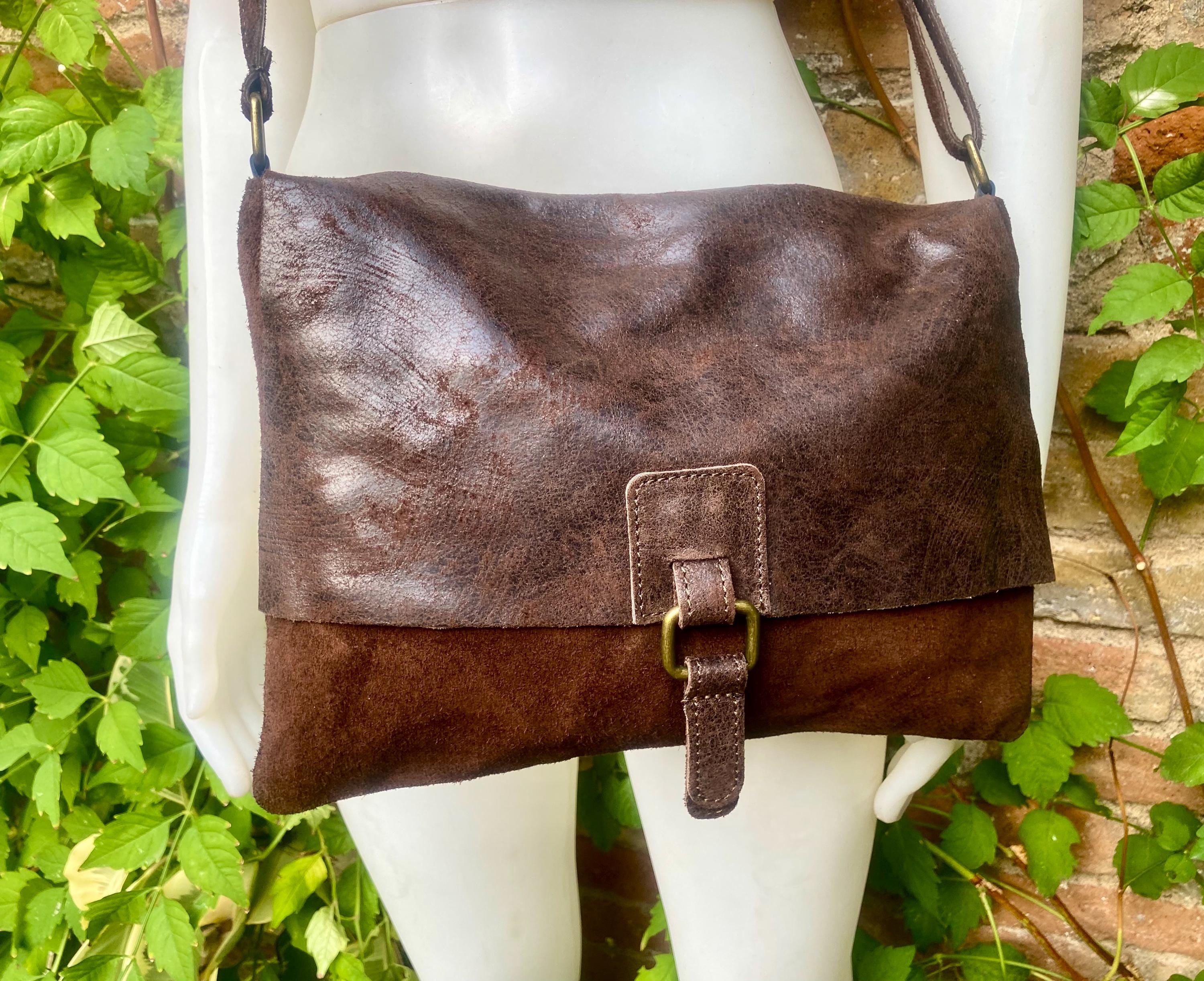 Dark brown genuine leather crossbody / shoulder bag. Messenger bag in soft "distressed" leather. Chocolate brown leather purse.