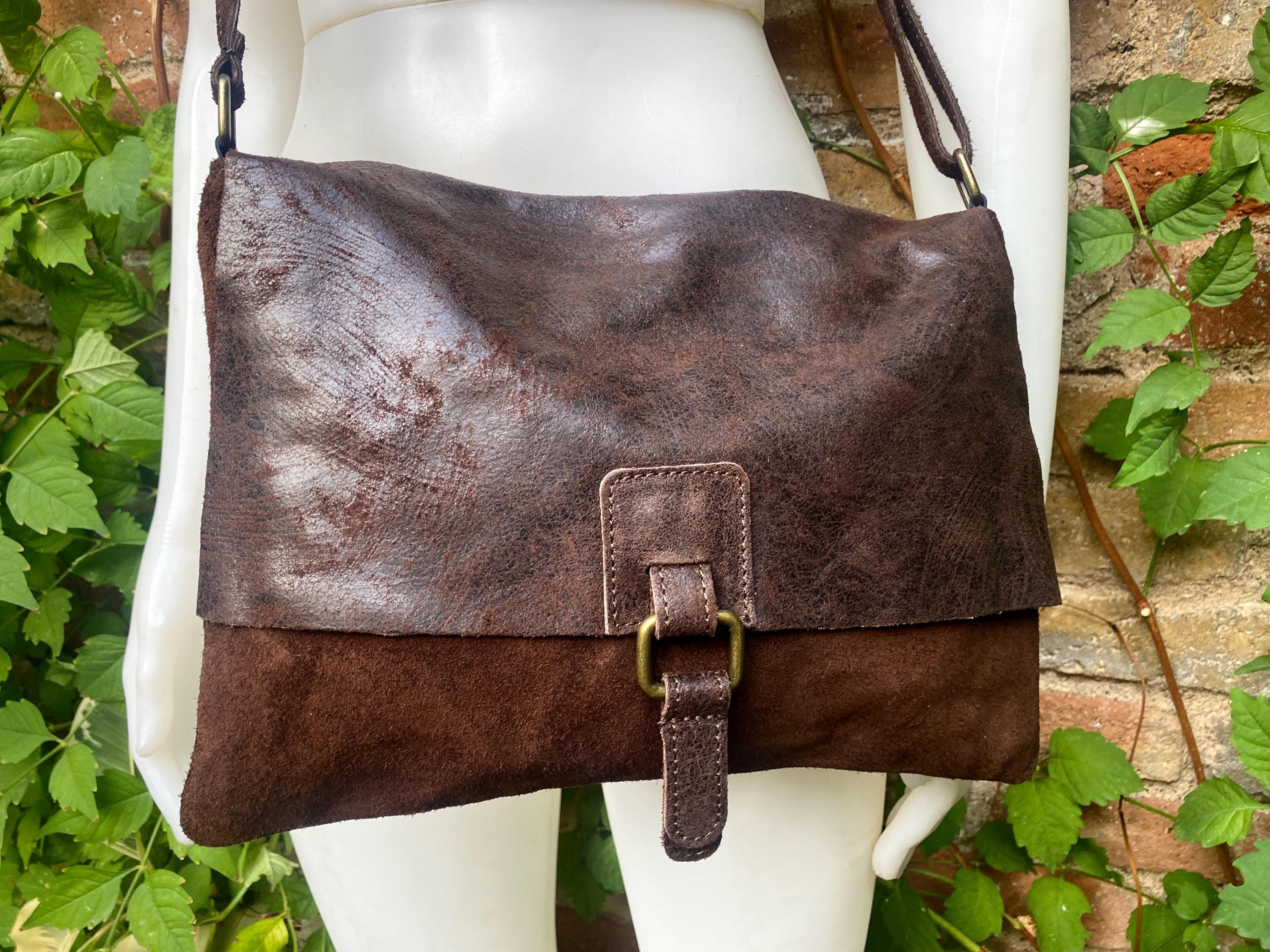Dark brown genuine leather crossbody / shoulder bag. Messenger bag in soft "distressed" leather. Chocolate brown leather purse.
