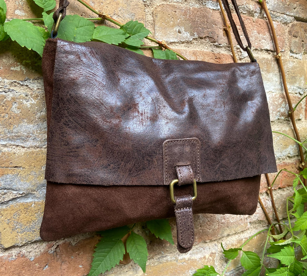 Dark brown genuine leather crossbody / shoulder bag. Messenger bag in soft "distressed" leather. Chocolate brown leather purse.