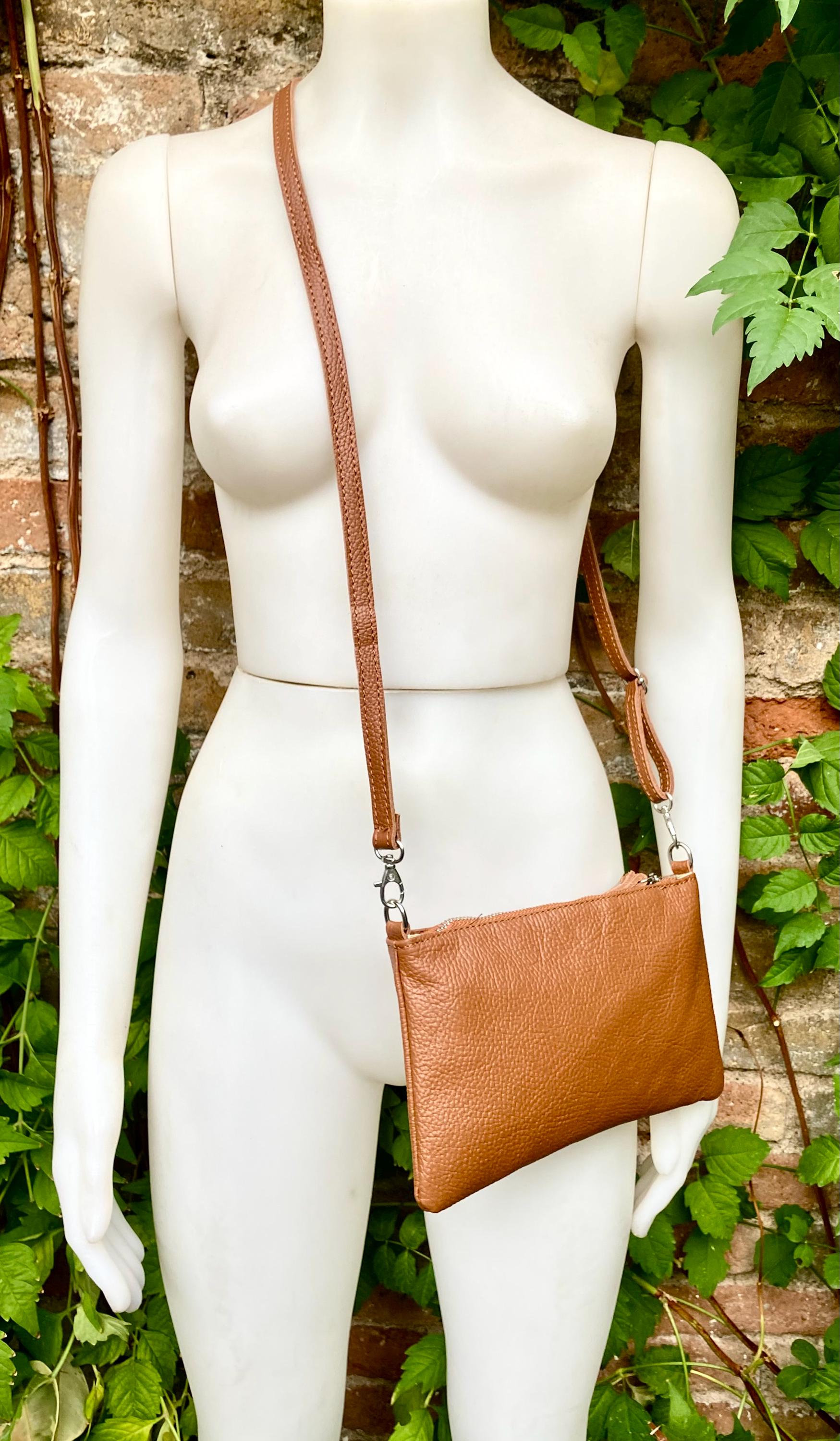 Small leather bag in camel brown. GENUINE leather crossbody / shoulder bag. Brown leather bag with silver hardware. Caramel brown purse